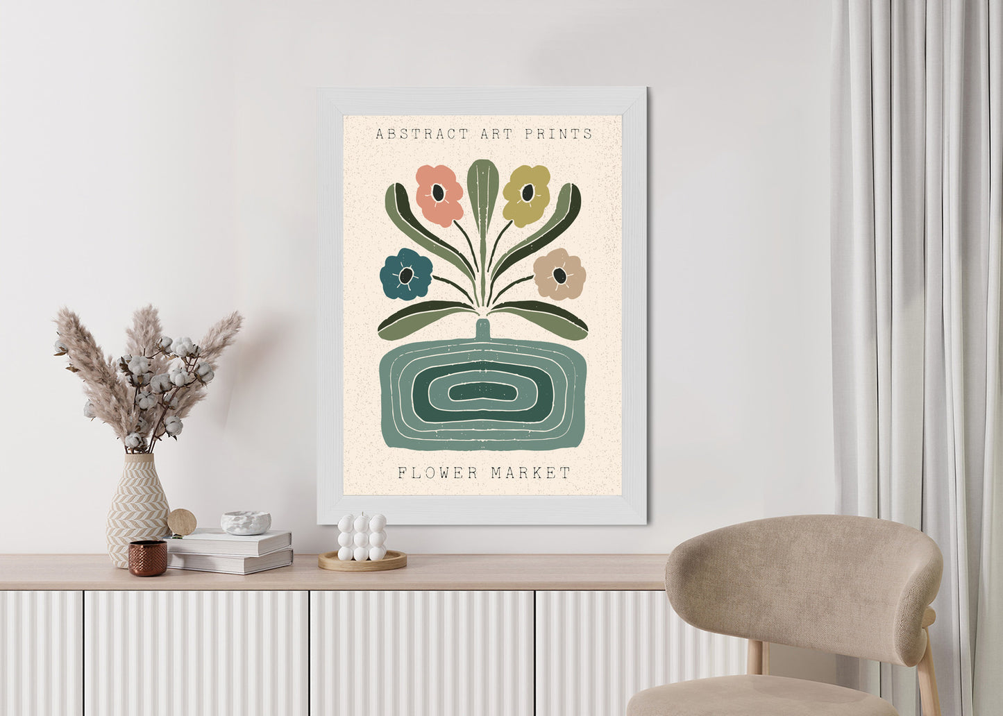 Poster Moderne Illustration Mit Einer Vase Voller Blumen Rahmen Holz Mit Passepartout Farbe Natürlich