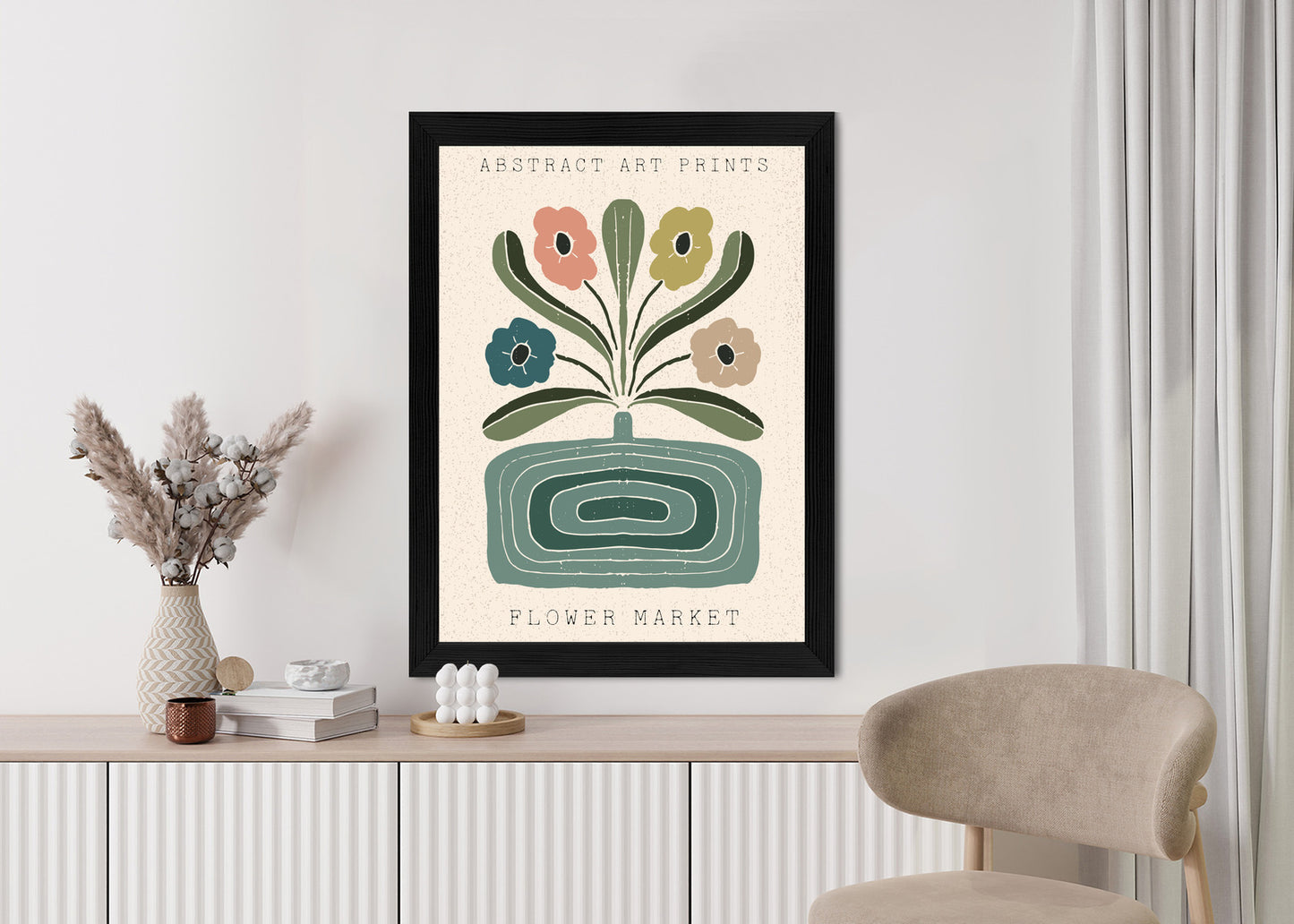Poster Moderne Illustration Mit Einer Vase Voller Blumen Rahmen Holz Mit Passepartout Farbe Natürlich
