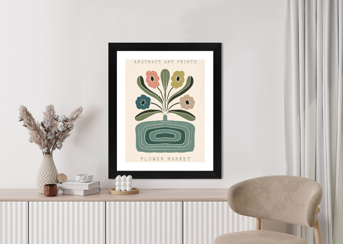 Poster Moderne Illustration Mit Einer Vase Voller Blumen Rahmen Holz Mit Passepartout Farbe Natürlich