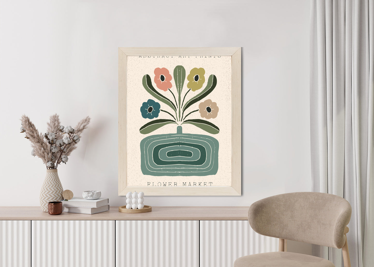 Poster Moderne Illustration Mit Einer Vase Voller Blumen Rahmen Holz Mit Passepartout Farbe Natürlich