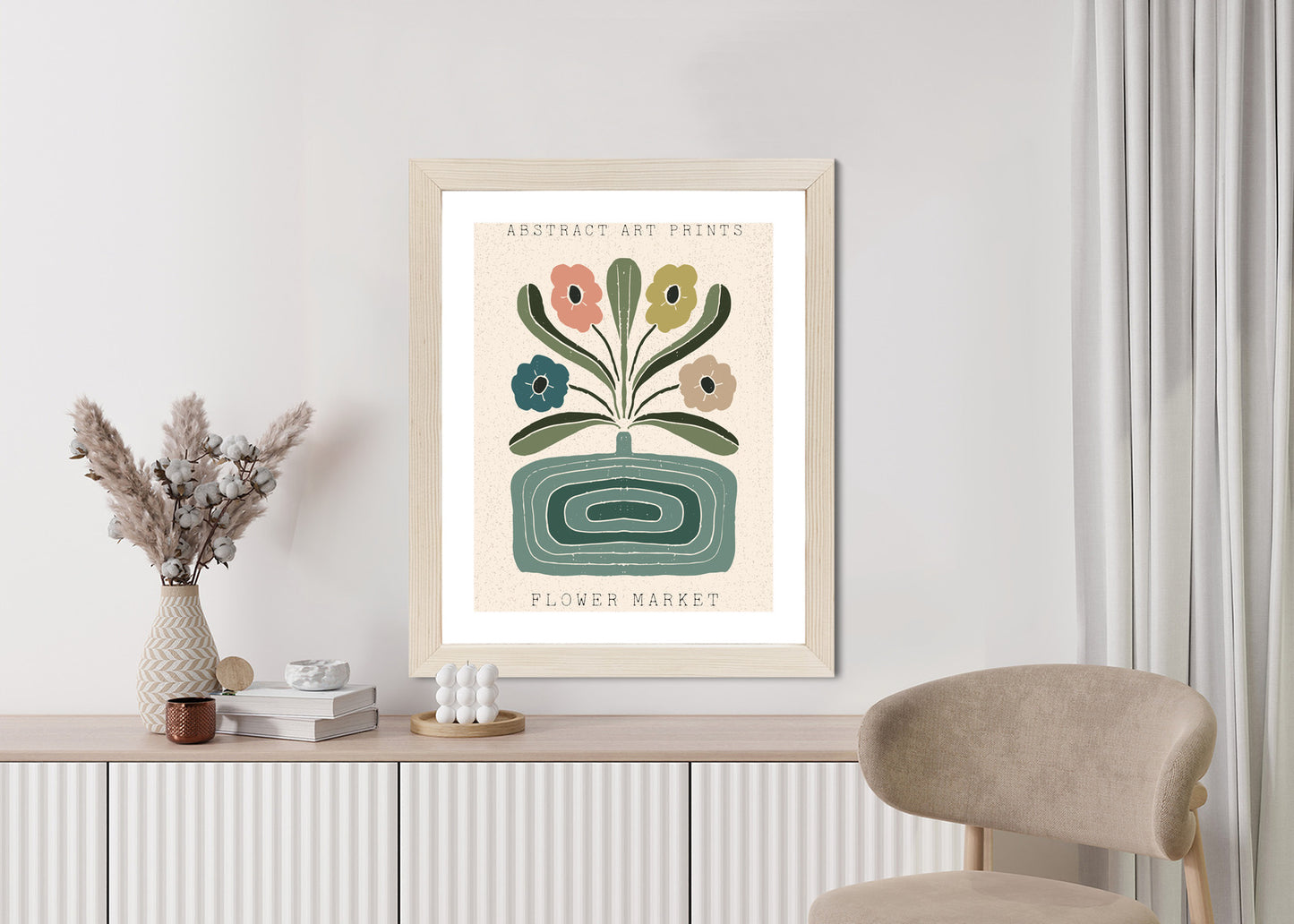 Poster Moderne Illustration Mit Einer Vase Voller Blumen Rahmen Holz Mit Passepartout Farbe Natürlich
