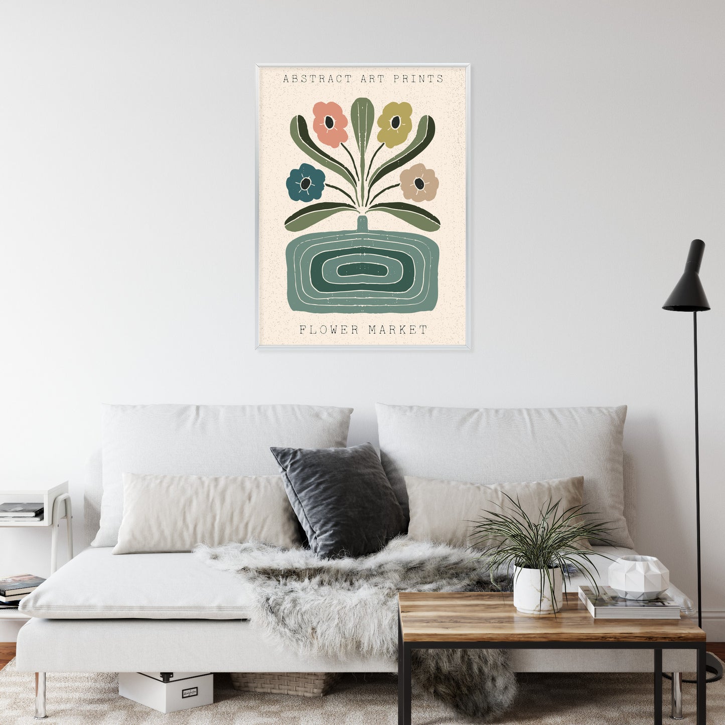 Poster Moderne Illustration Mit Einer Vase Voller Blumen Rahmen Holz Mit Passepartout Farbe Natürlich