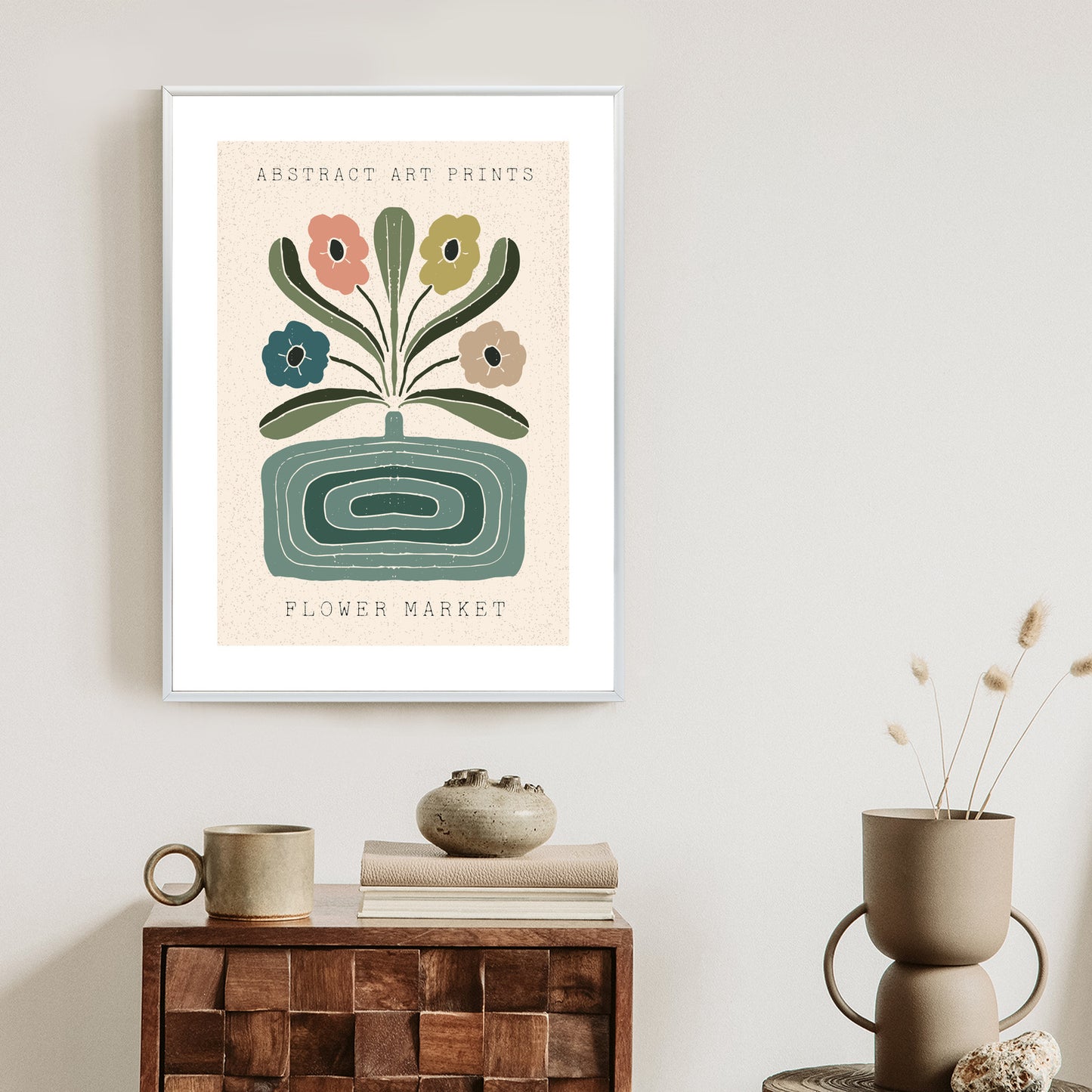 Poster Moderne Illustration Mit Einer Vase Voller Blumen Rahmen Holz Mit Passepartout Farbe Natürlich