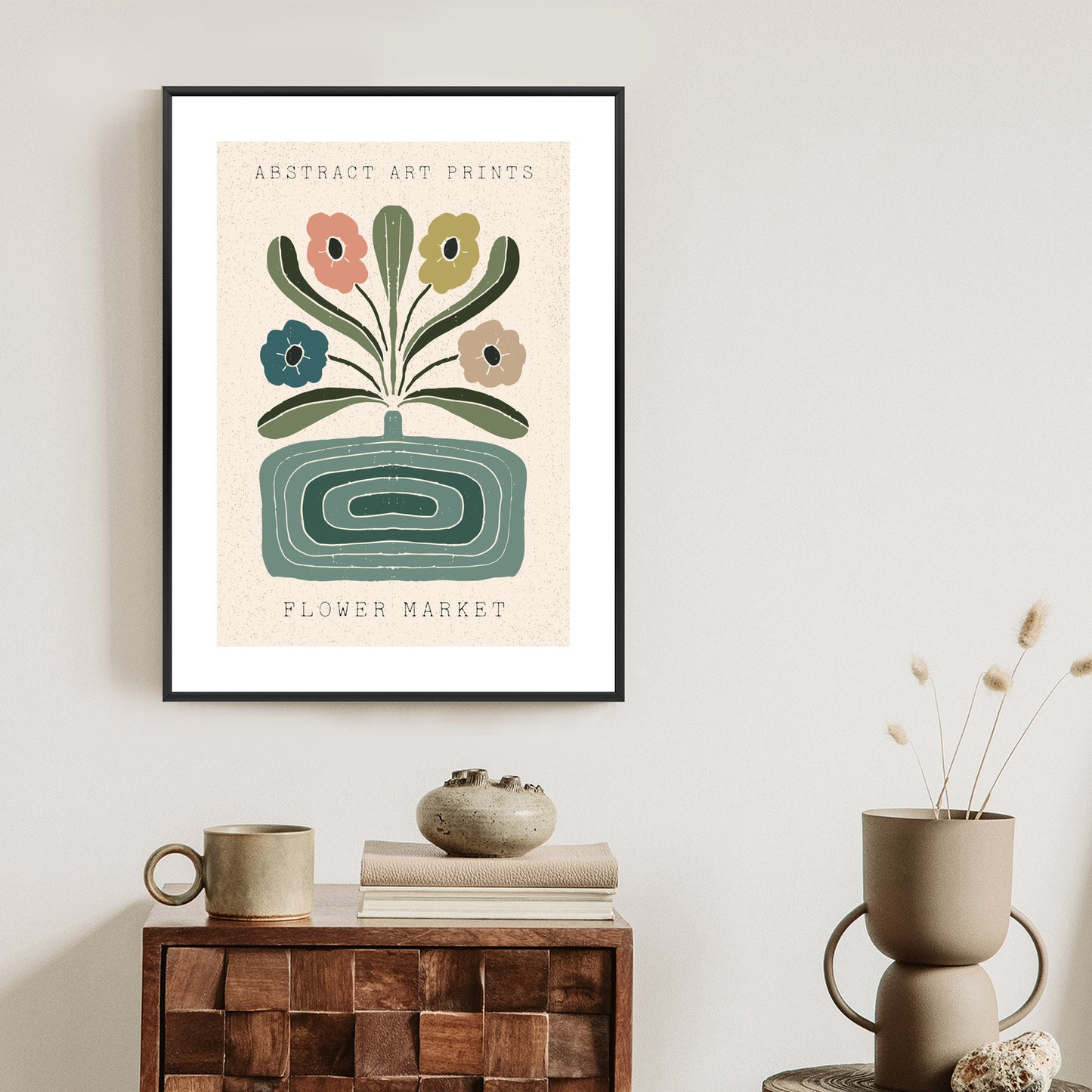 Poster Moderne Illustration Mit Einer Vase Voller Blumen Rahmen Holz Mit Passepartout Farbe Natürlich
