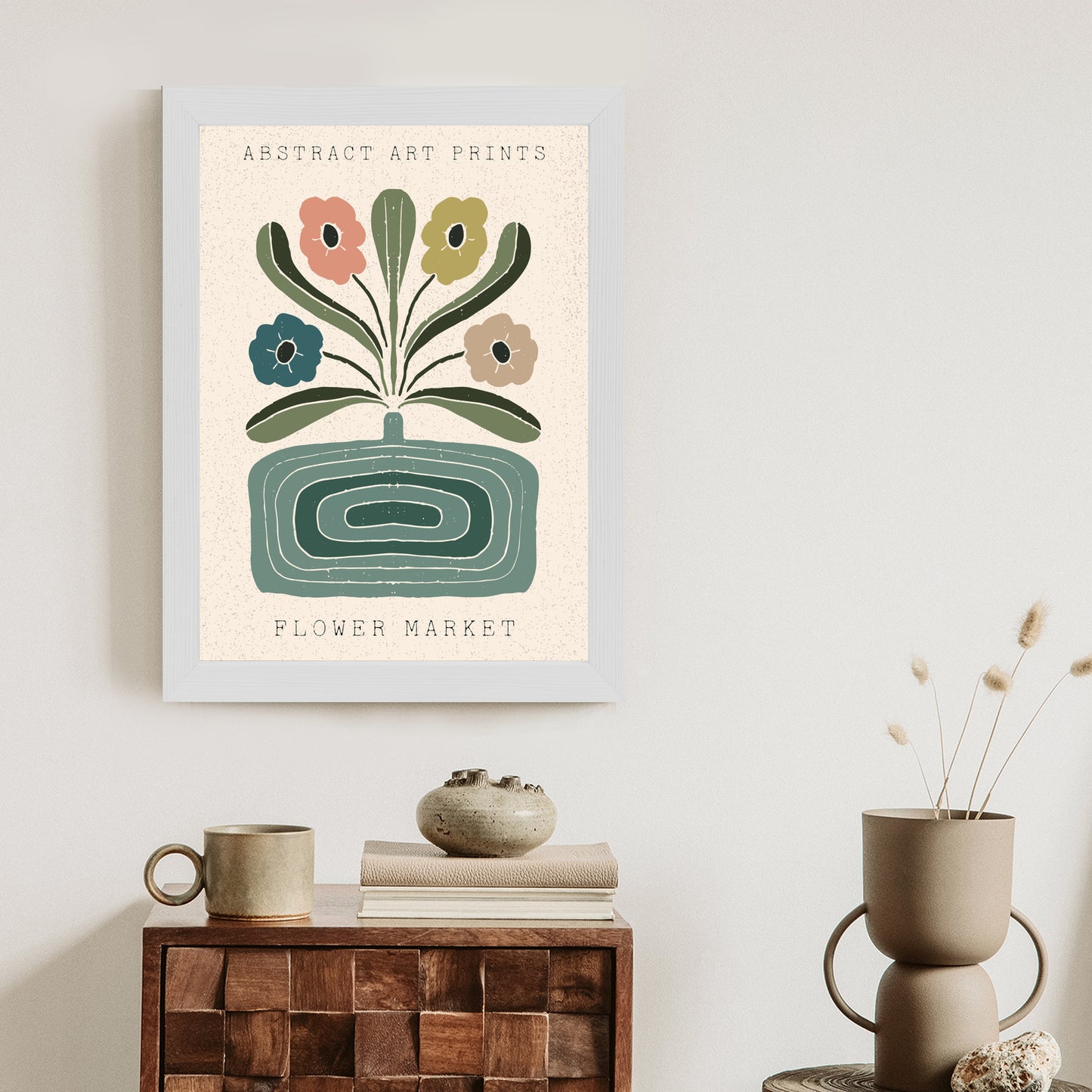 Poster Moderne Illustration Mit Einer Vase Voller Blumen Rahmen Holz Mit Passepartout Farbe Natürlich