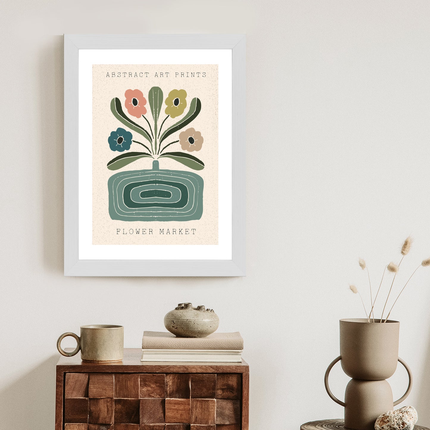Poster Moderne Illustration Mit Einer Vase Voller Blumen Rahmen Holz Mit Passepartout Farbe Natürlich