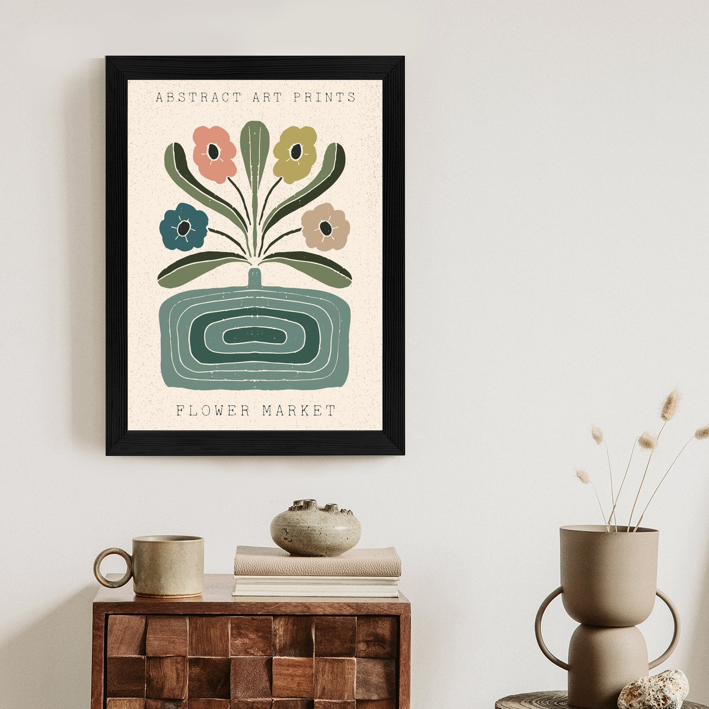 Poster Moderne Illustration Mit Einer Vase Voller Blumen Rahmen Holz Mit Passepartout Farbe Natürlich