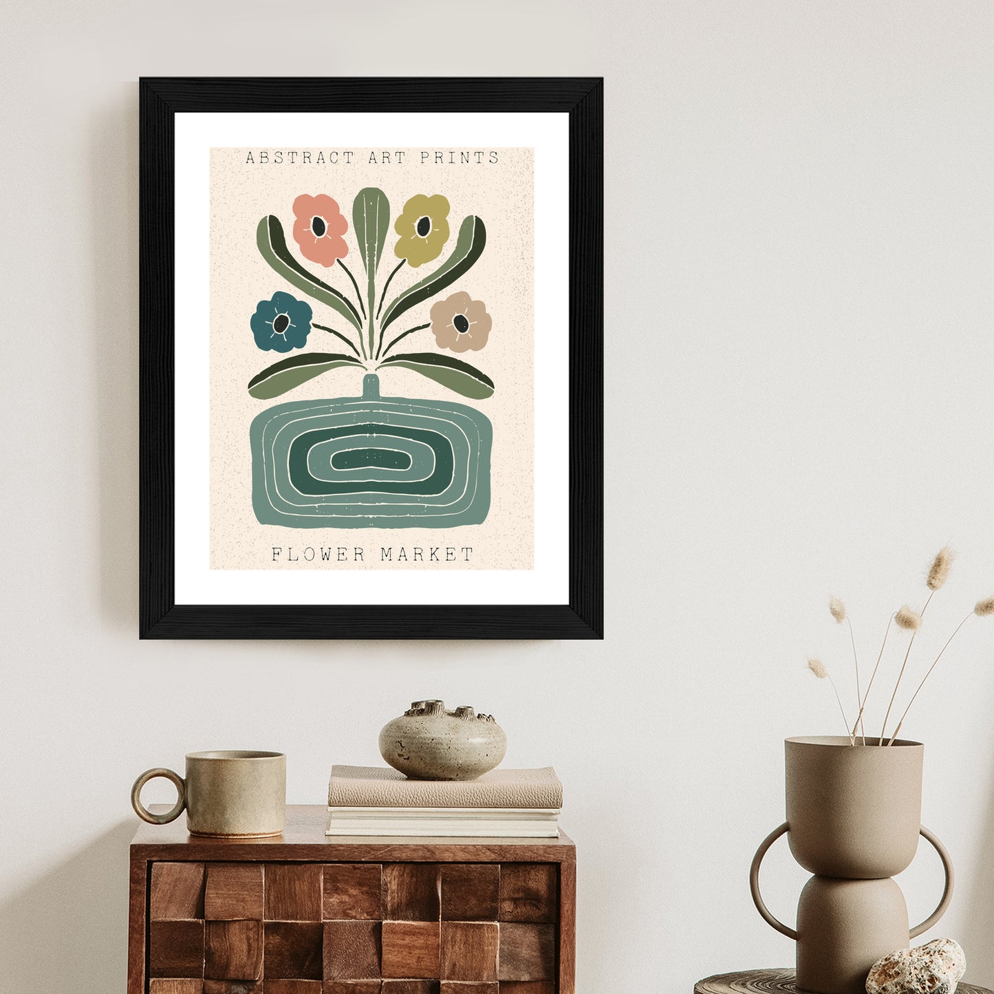 Poster Moderne Illustration Mit Einer Vase Voller Blumen Rahmen Holz Mit Passepartout Farbe Natürlich