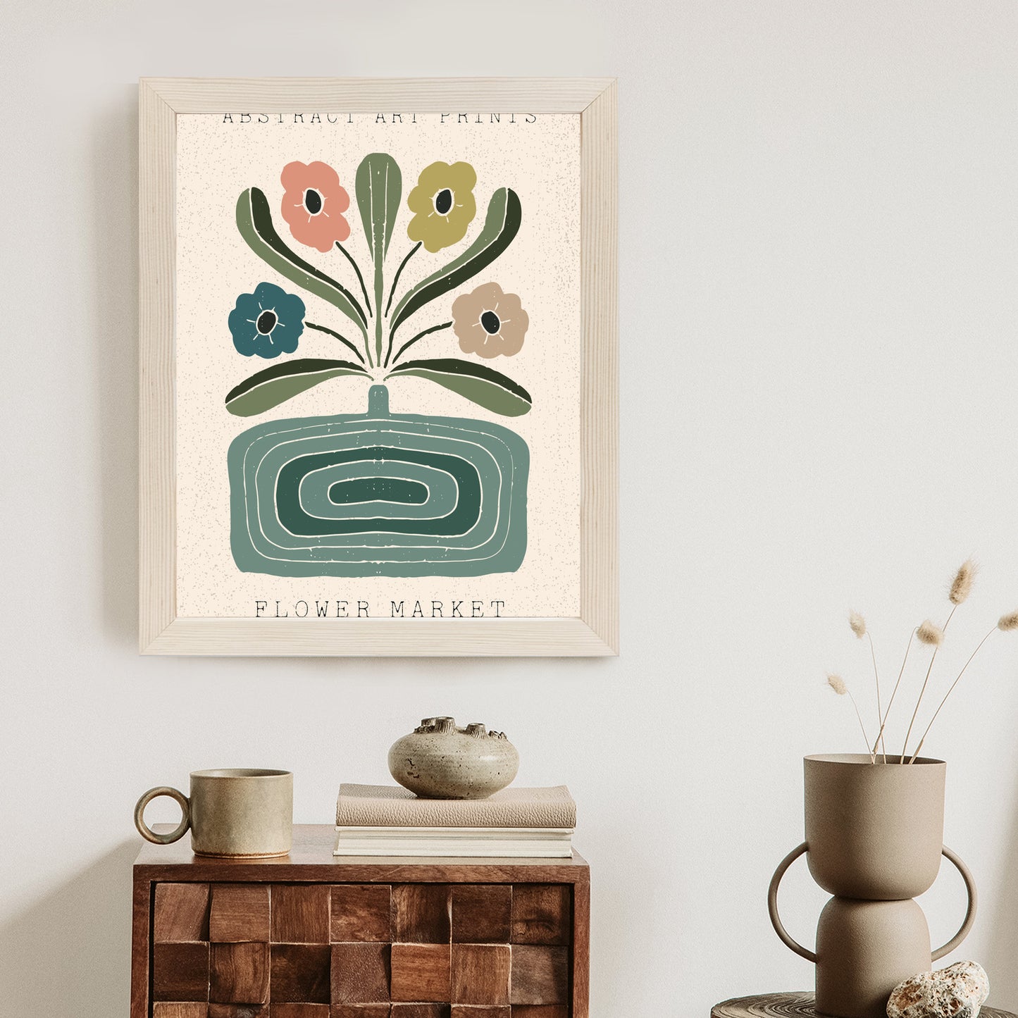 Poster Moderne Illustration Mit Einer Vase Voller Blumen Rahmen Holz Mit Passepartout Farbe Natürlich