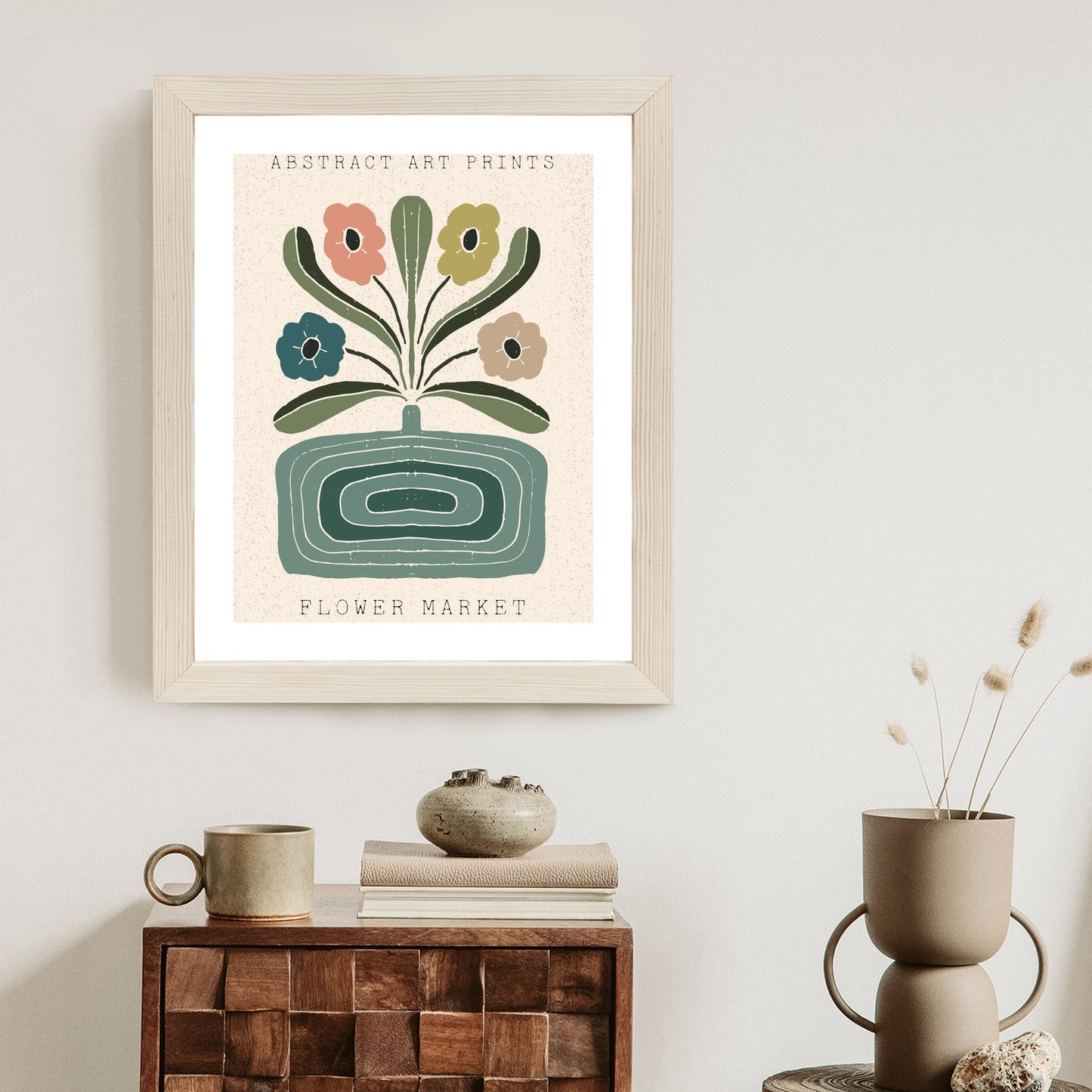 Poster Moderne Illustration Mit Einer Vase Voller Blumen Rahmen Holz Mit Passepartout Farbe Natürlich