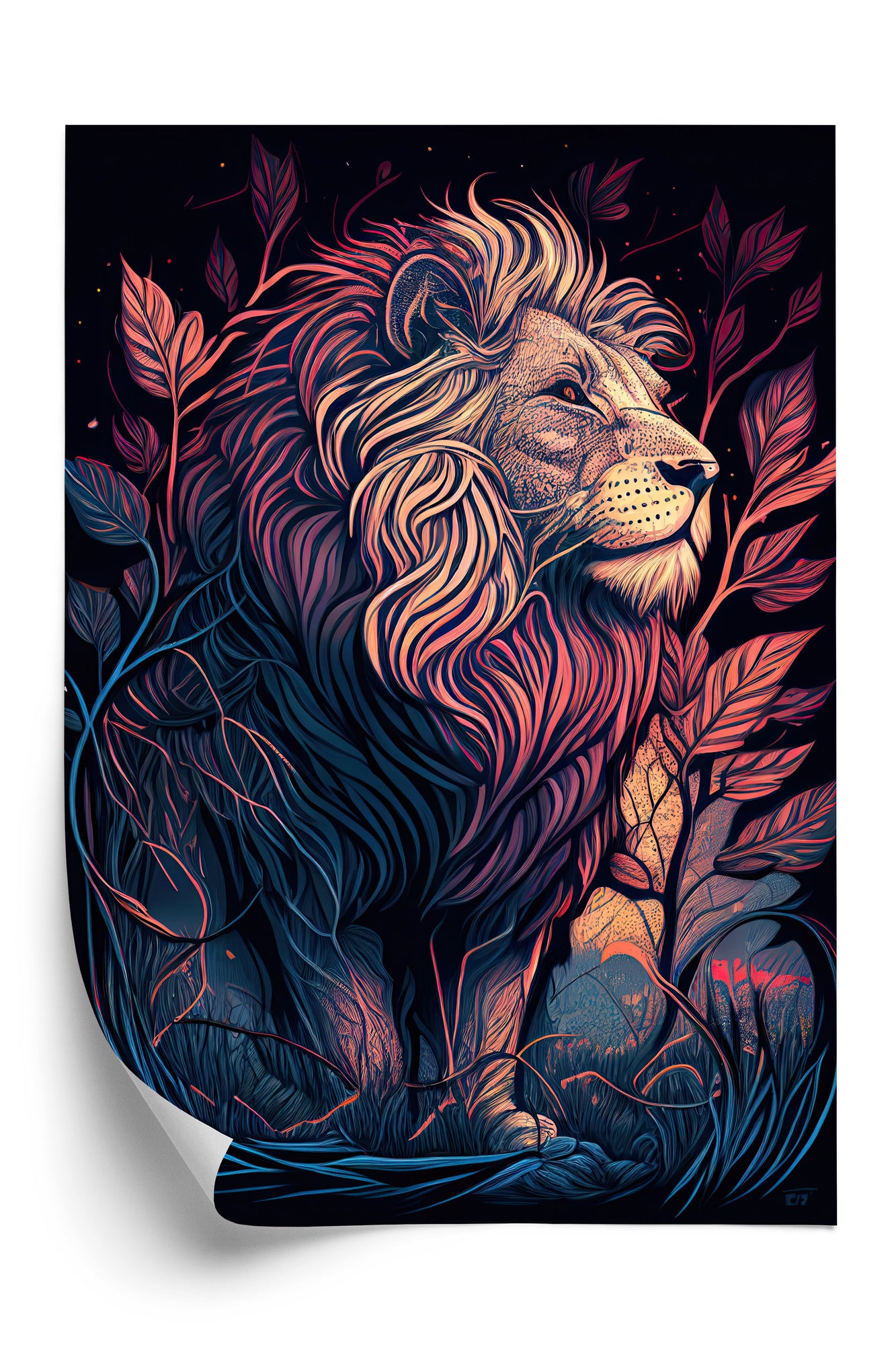 Poster Majestätischer Löwe In Illustration Rahmen Holz Mit Passepartout Farbe Natürlich
