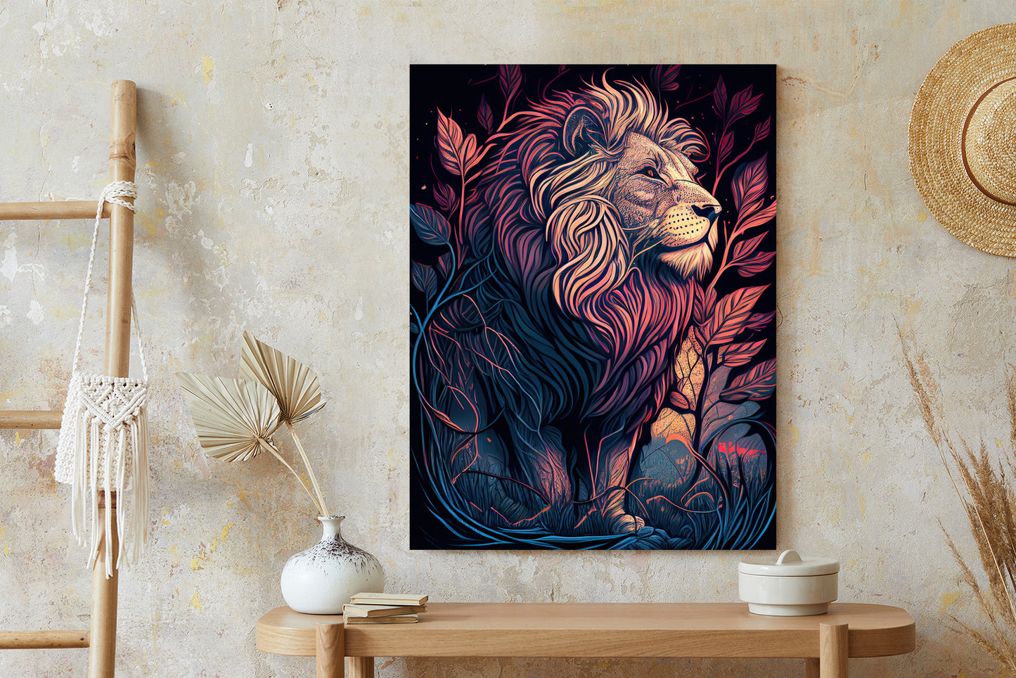 Poster Majestätischer Löwe In Illustration Rahmen Holz Mit Passepartout Farbe Natürlich