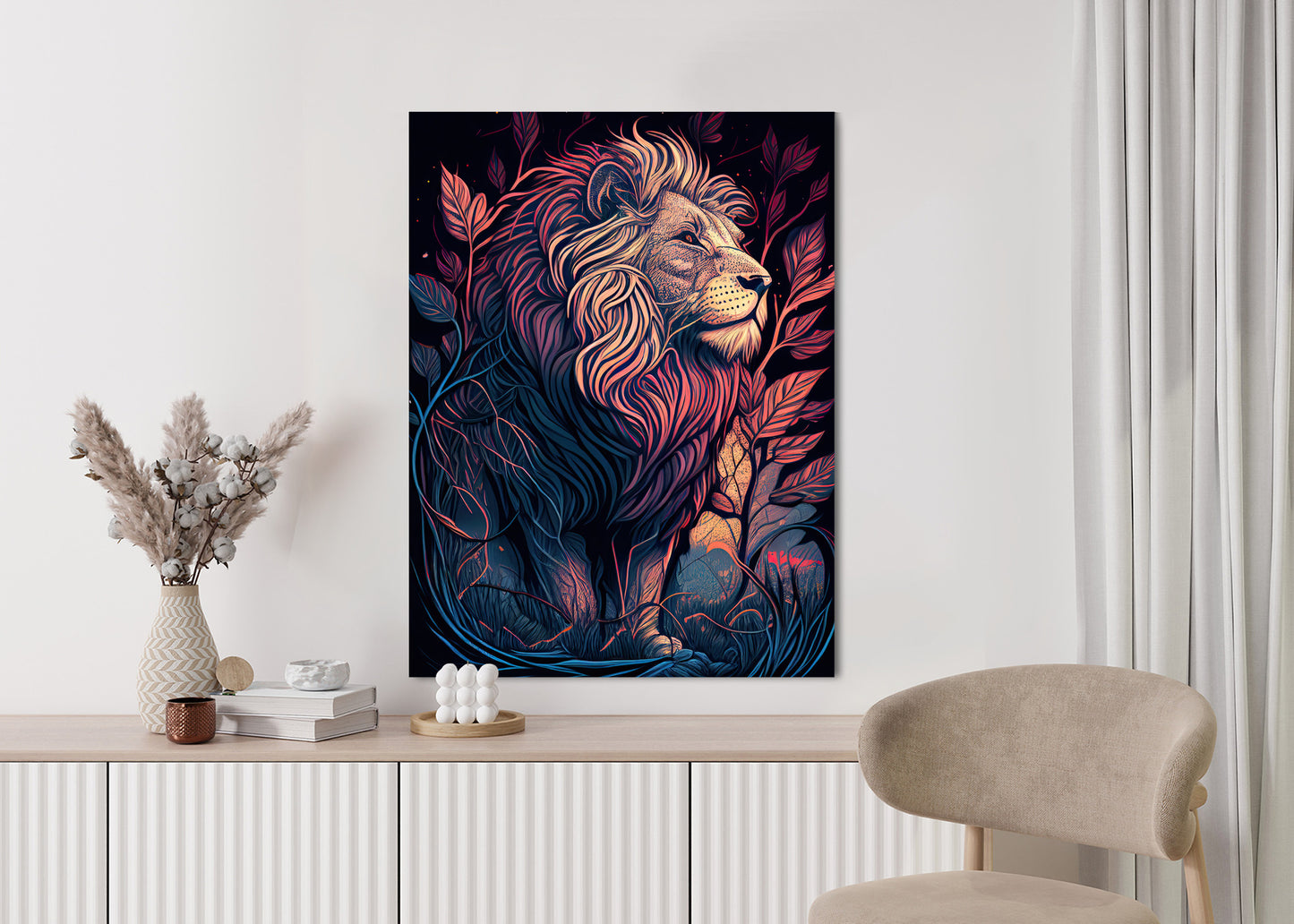 Poster Majestätischer Löwe In Illustration Rahmen Holz Mit Passepartout Farbe Natürlich