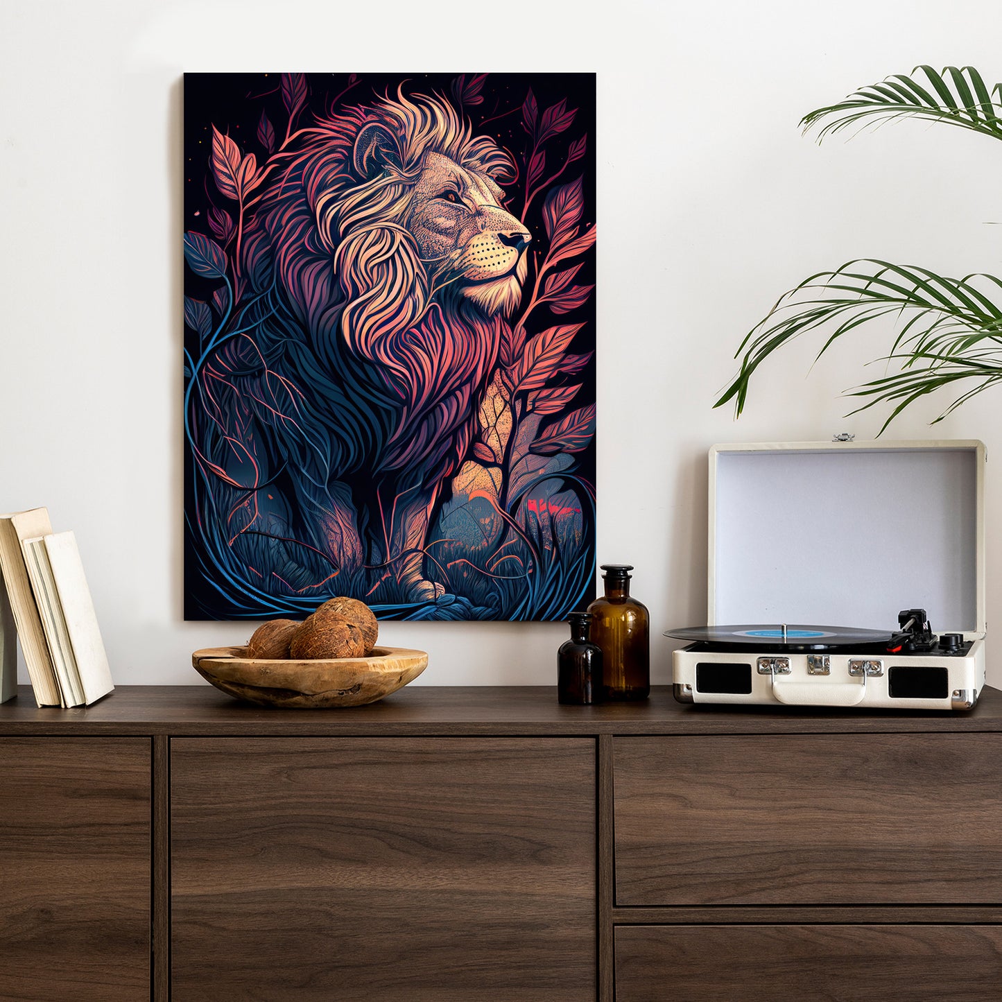 Poster Majestätischer Löwe In Illustration Rahmen Holz Mit Passepartout Farbe Natürlich