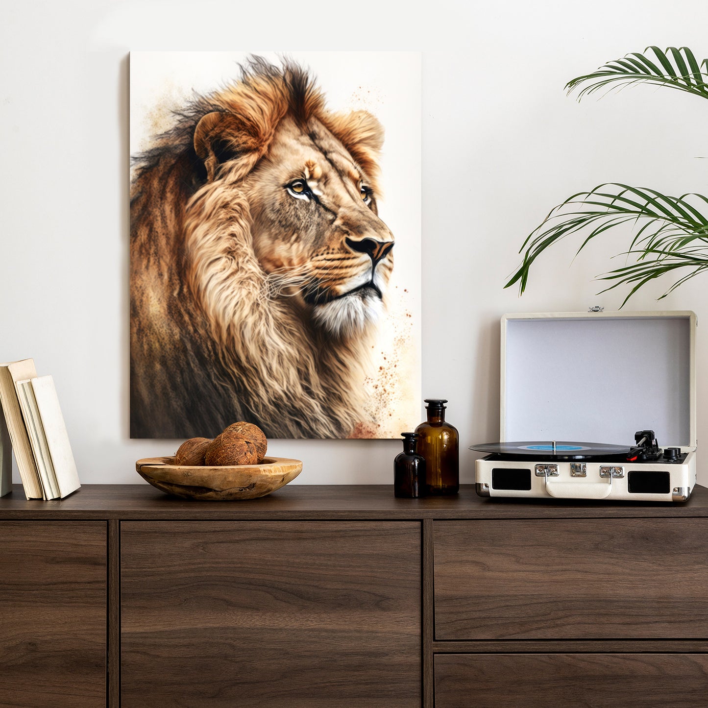 Poster Ein Löwe Mit Üppiger Mähne Rahmen Holz Mit Passepartout Farbe Natürlich
