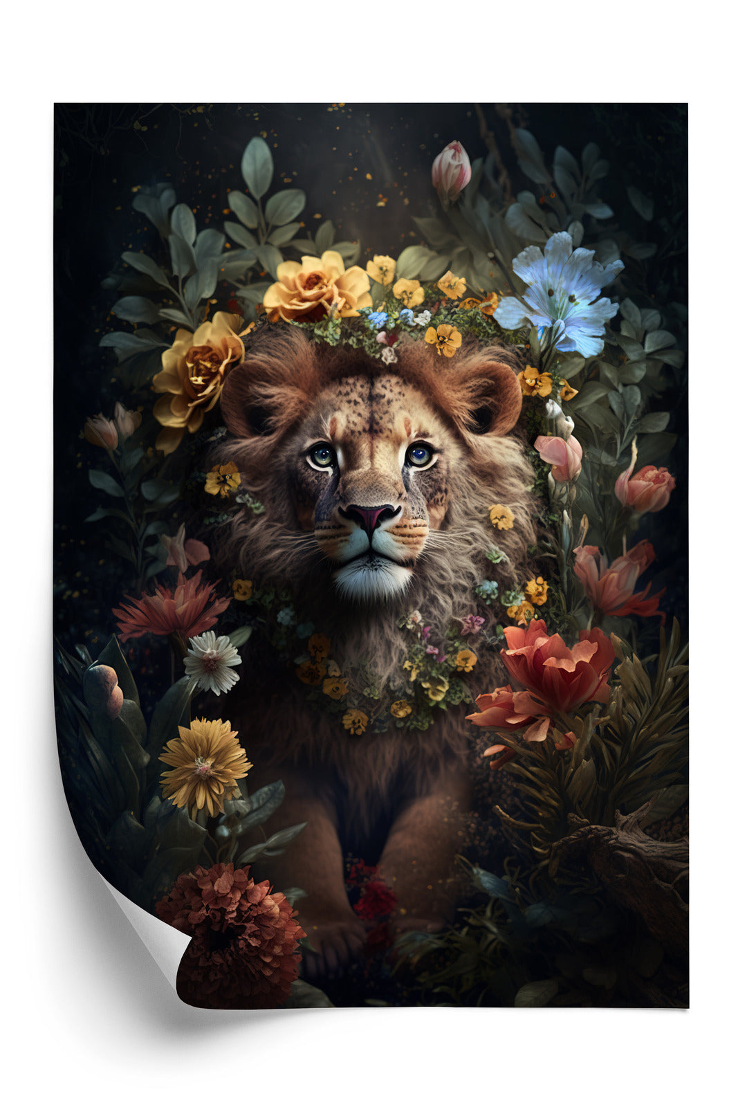 Poster Porträt Eines Löwen Inmitten Von Blumen Rahmen Holz Mit Passepartout Farbe Natürlich