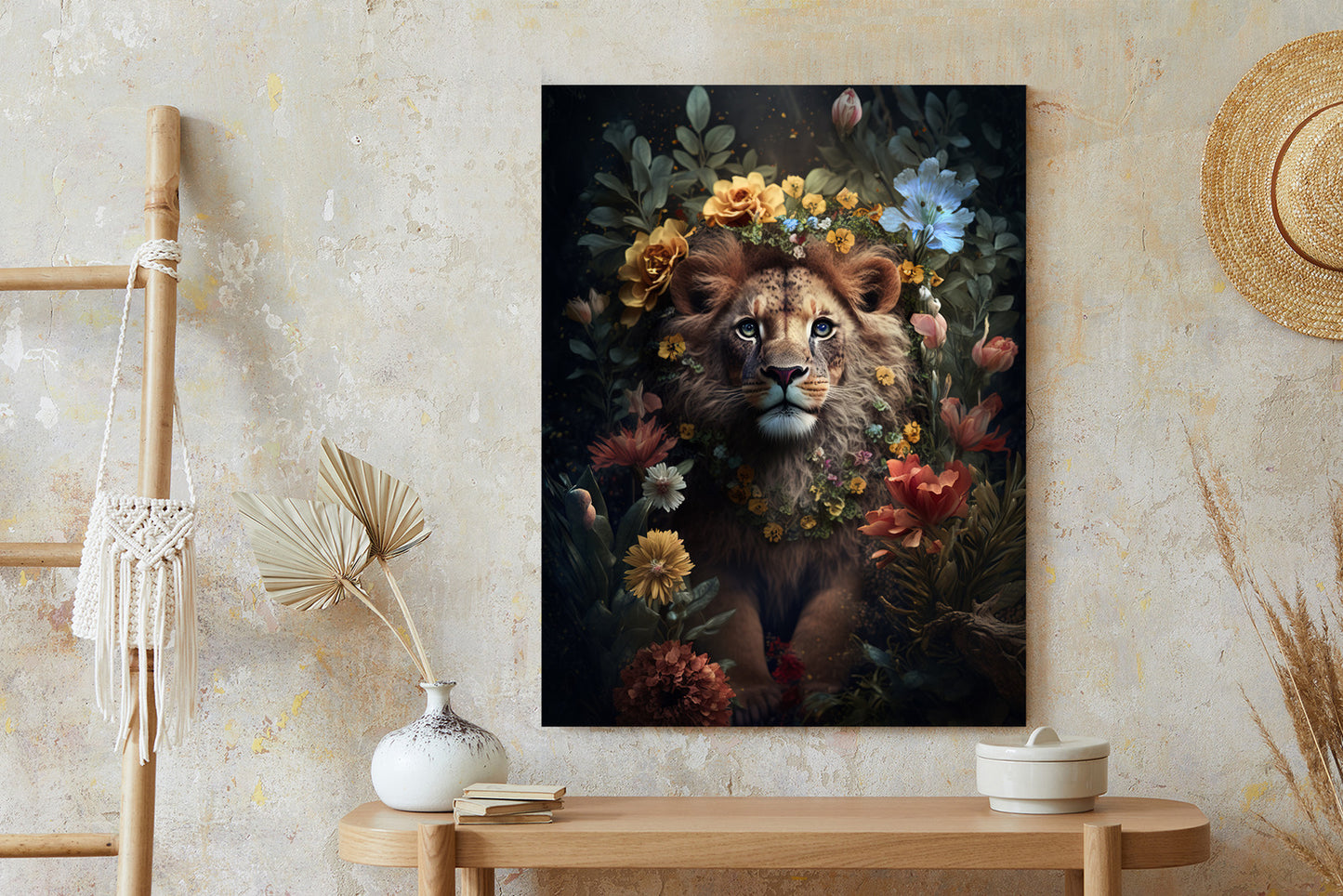 Poster Porträt Eines Löwen Inmitten Von Blumen Rahmen Holz Mit Passepartout Farbe Natürlich