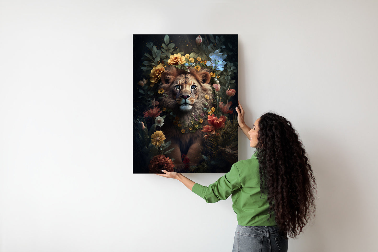 Poster Porträt Eines Löwen Inmitten Von Blumen Rahmen Holz Mit Passepartout Farbe Natürlich