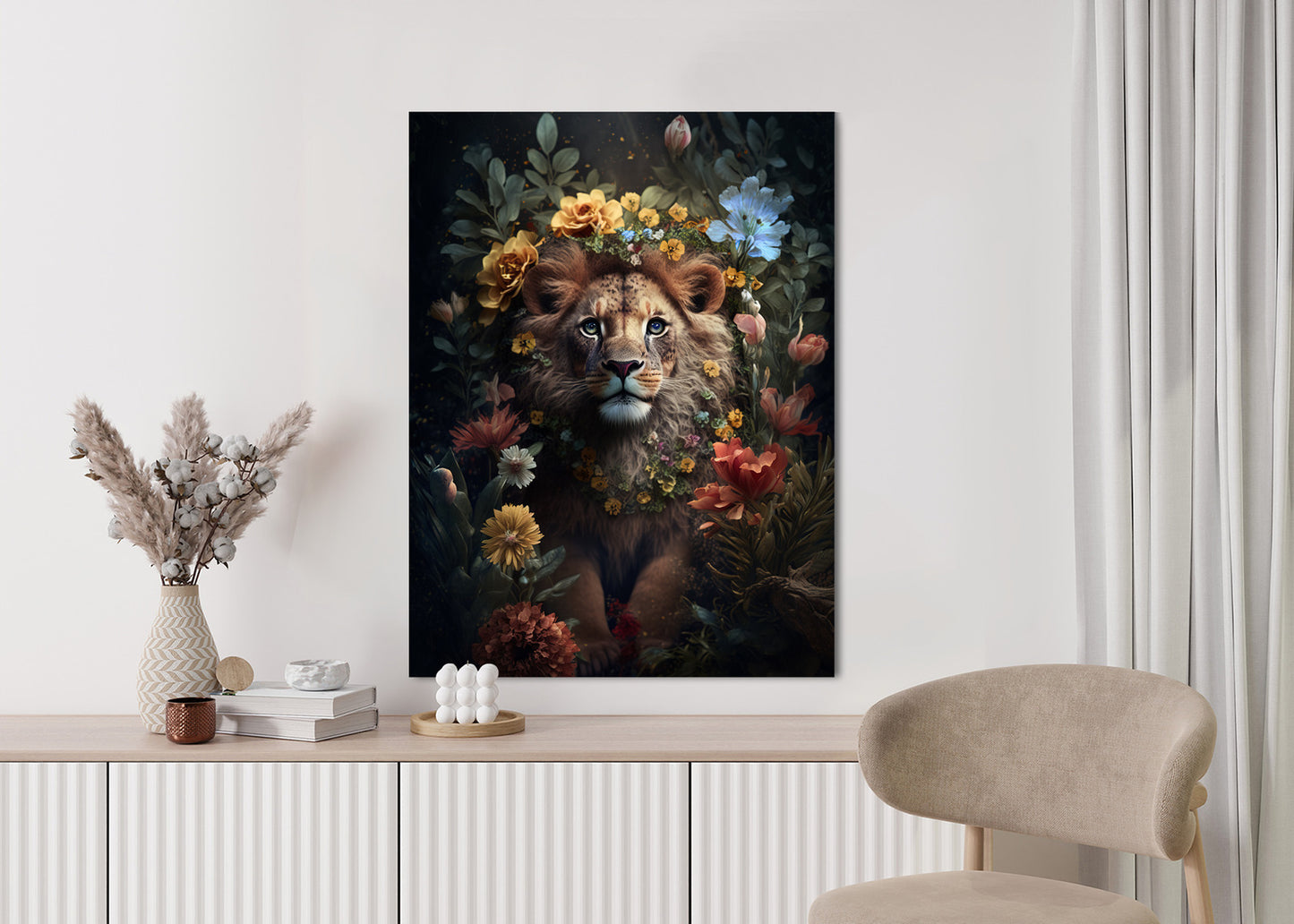 Poster Porträt Eines Löwen Inmitten Von Blumen Rahmen Holz Mit Passepartout Farbe Natürlich
