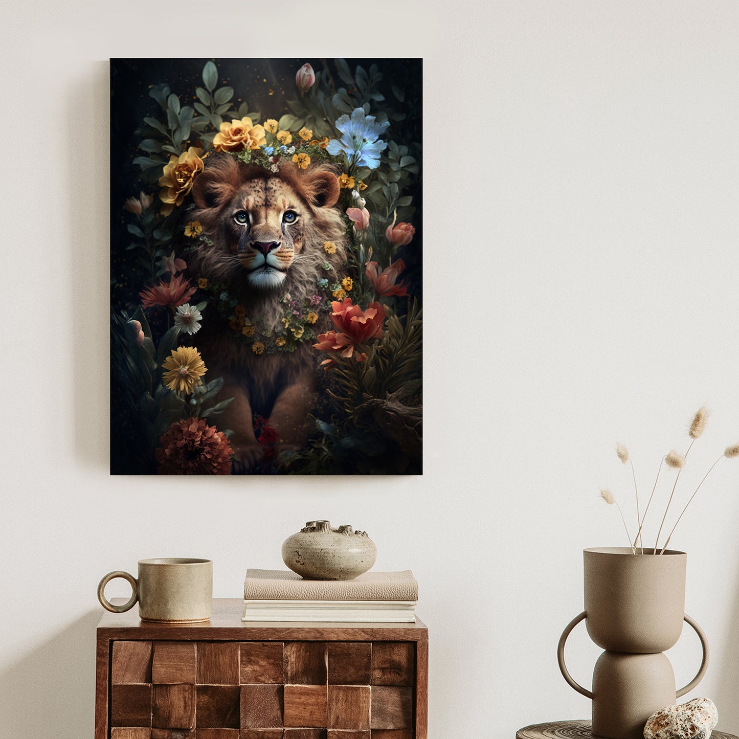 Poster Porträt Eines Löwen Inmitten Von Blumen Rahmen Holz Mit Passepartout Farbe Natürlich