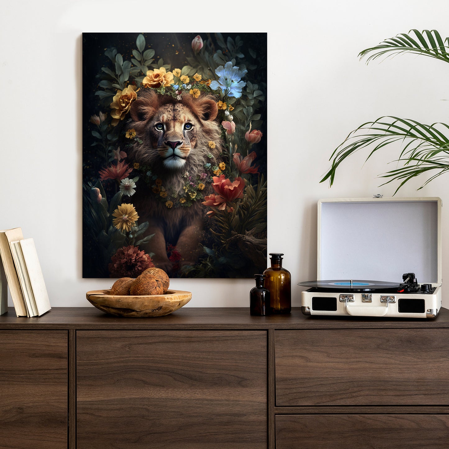 Poster Porträt Eines Löwen Inmitten Von Blumen Rahmen Holz Mit Passepartout Farbe Natürlich