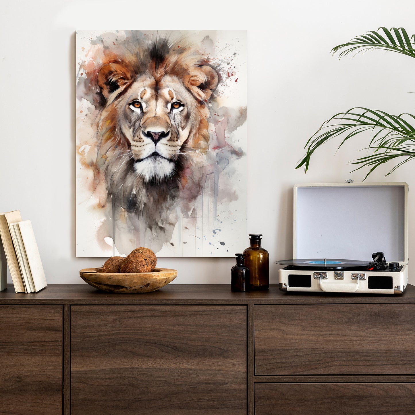 Poster Ein Mit Farben Gemaltes Porträt Eines Löwen Rahmen Holz Mit Passepartout Farbe Natürlich