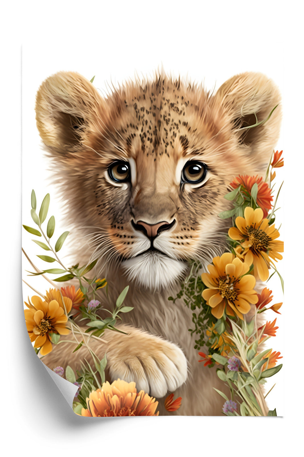 Poster Porträt Eines Löwenbabys In Blumen Rahmen Holz Mit Passepartout Farbe Natürlich