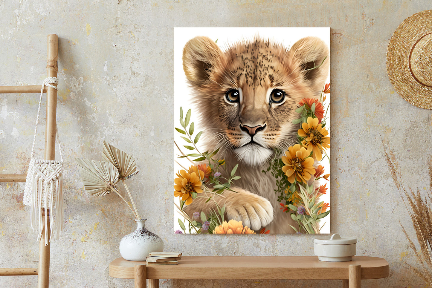 Poster Porträt Eines Löwenbabys In Blumen Rahmen Holz Mit Passepartout Farbe Natürlich