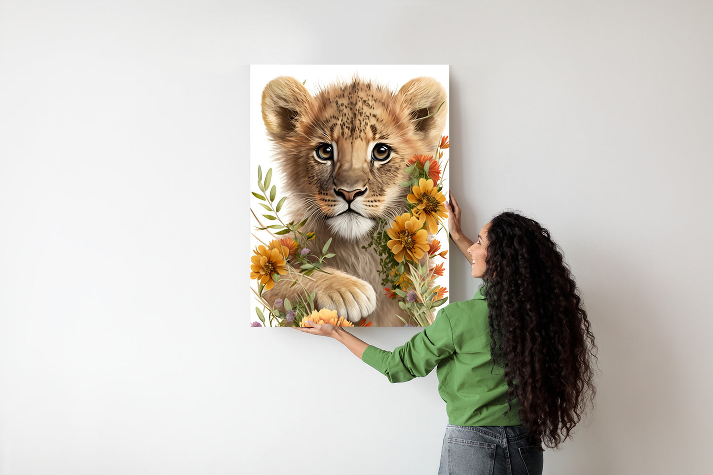 Poster Porträt Eines Löwenbabys In Blumen Rahmen Holz Mit Passepartout Farbe Natürlich