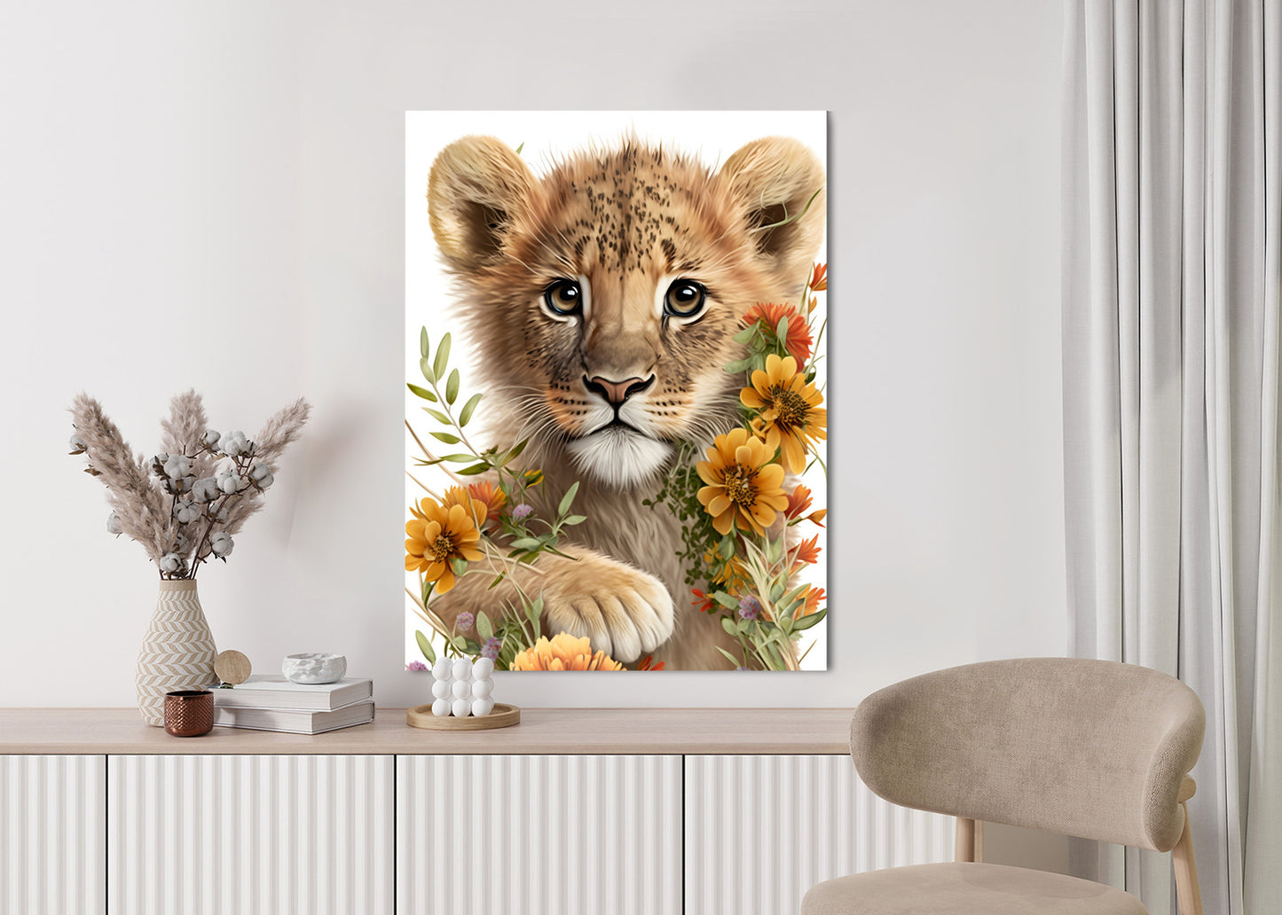Poster Porträt Eines Löwenbabys In Blumen Rahmen Holz Mit Passepartout Farbe Natürlich