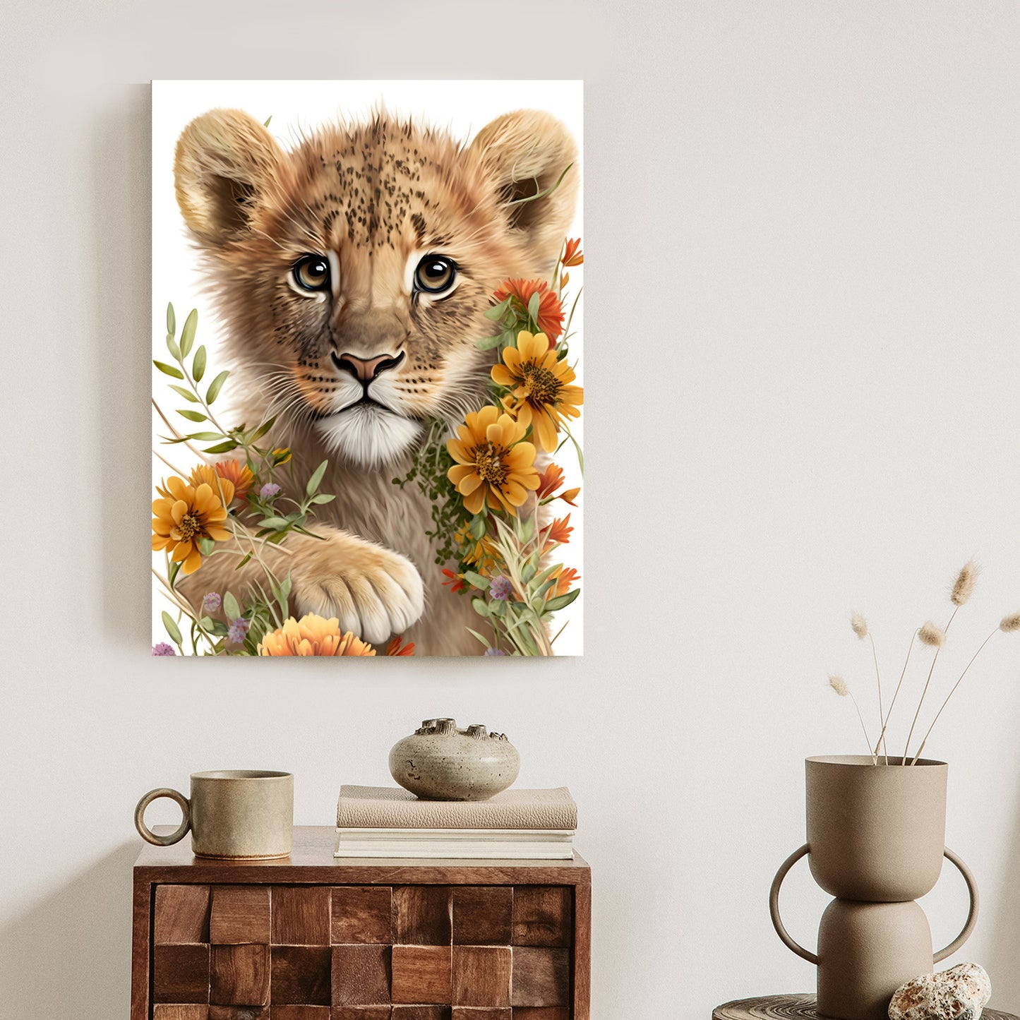 Poster Porträt Eines Löwenbabys In Blumen Rahmen Holz Mit Passepartout Farbe Natürlich