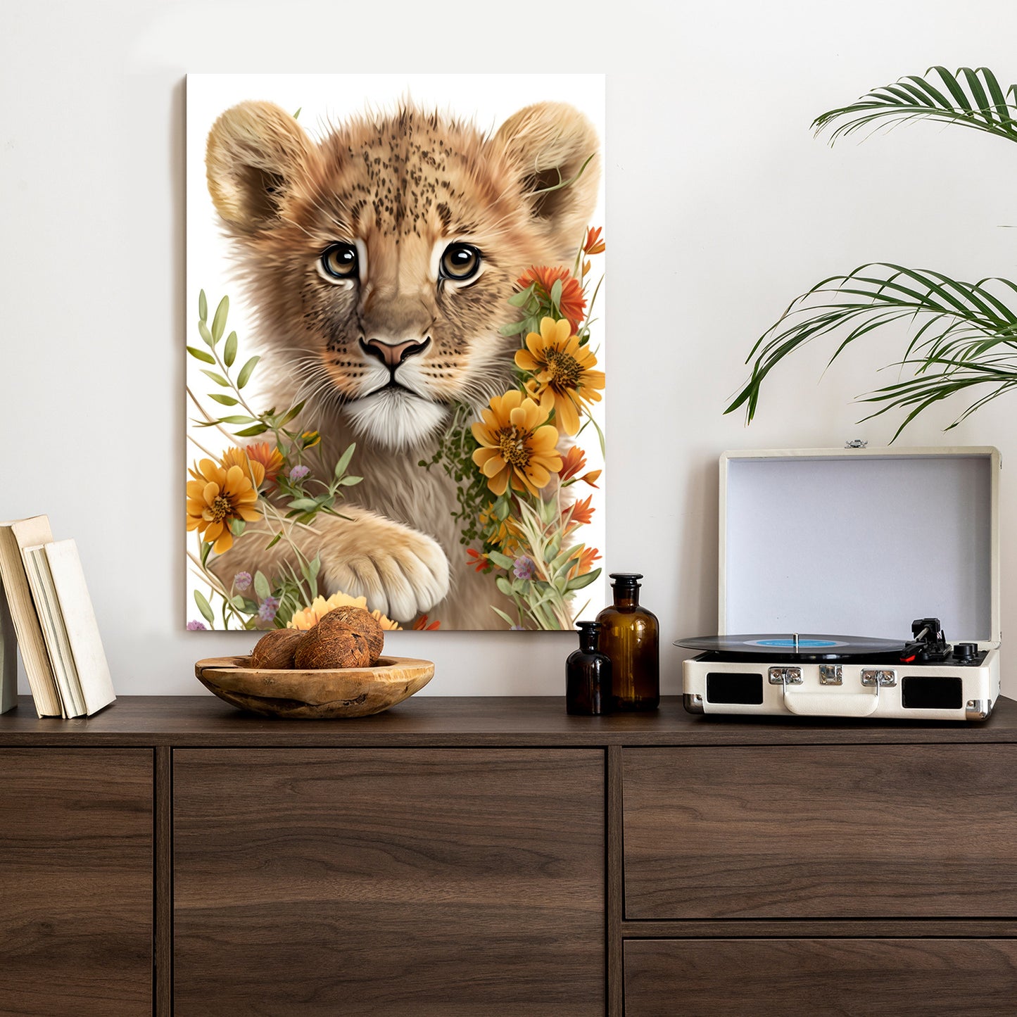 Poster Porträt Eines Löwenbabys In Blumen Rahmen Holz Mit Passepartout Farbe Natürlich