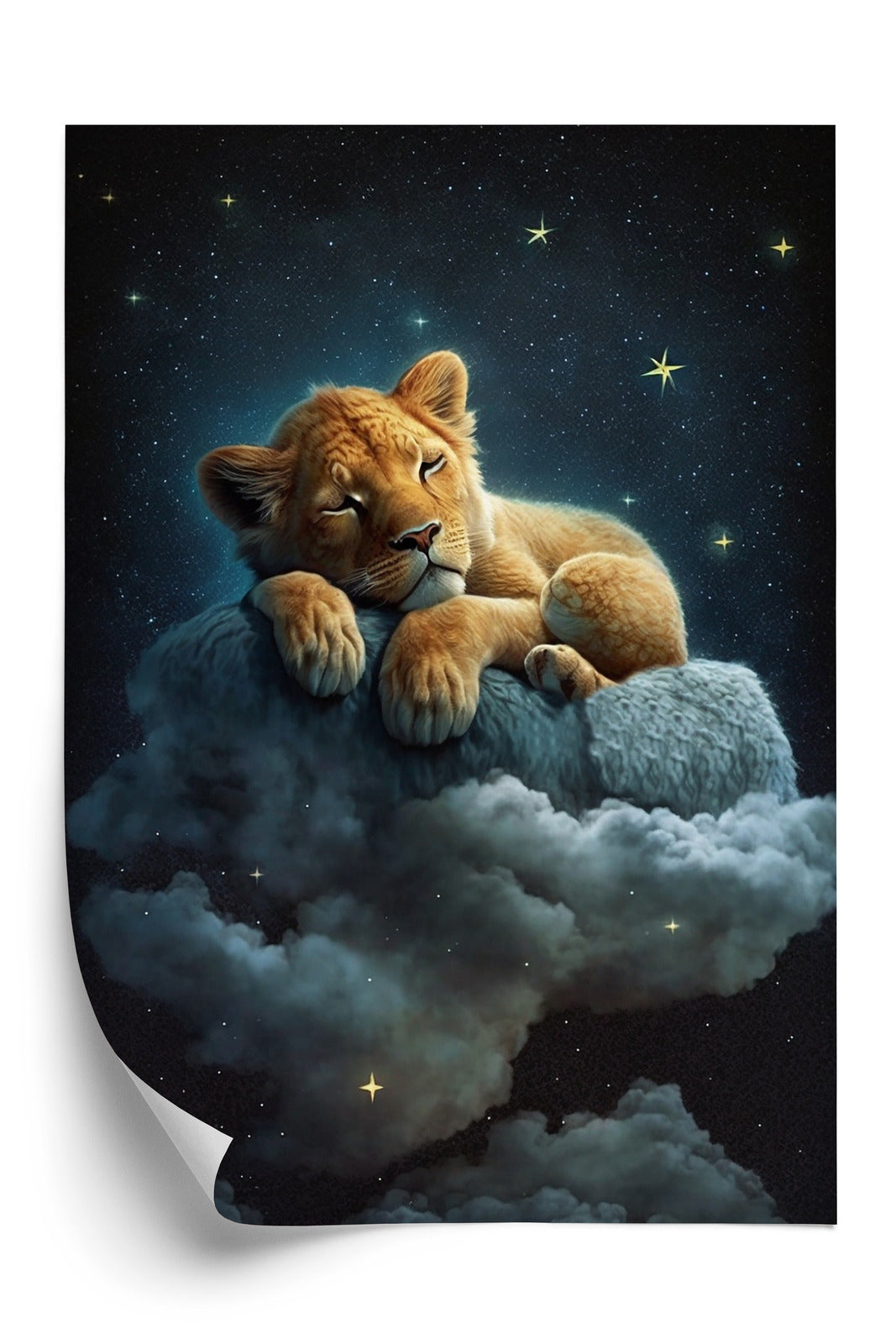 Poster Ein Löwe Schläft Auf Einer Wolke Rahmen Holz Mit Passepartout Farbe Natürlich