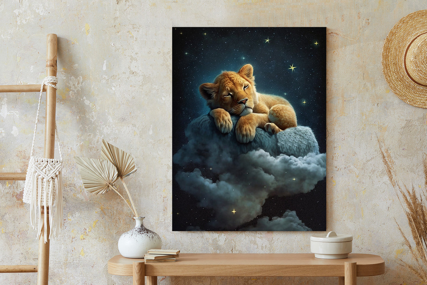 Poster Ein Löwe Schläft Auf Einer Wolke Rahmen Holz Mit Passepartout Farbe Natürlich