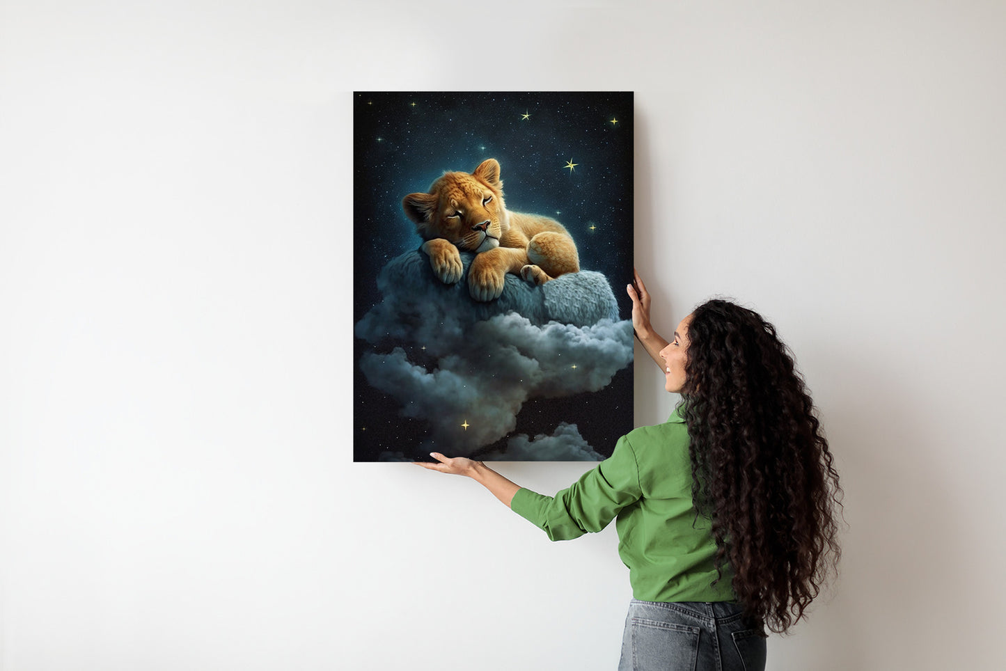 Poster Ein Löwe Schläft Auf Einer Wolke Rahmen Holz Mit Passepartout Farbe Natürlich