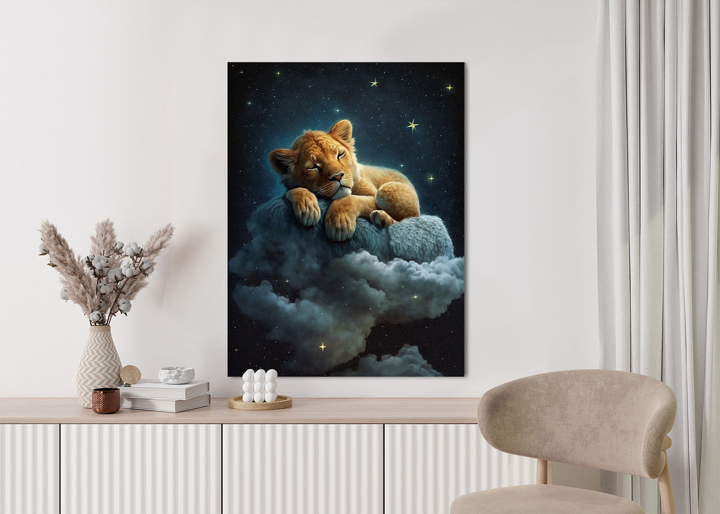 Poster Ein Löwe Schläft Auf Einer Wolke Rahmen Holz Mit Passepartout Farbe Natürlich
