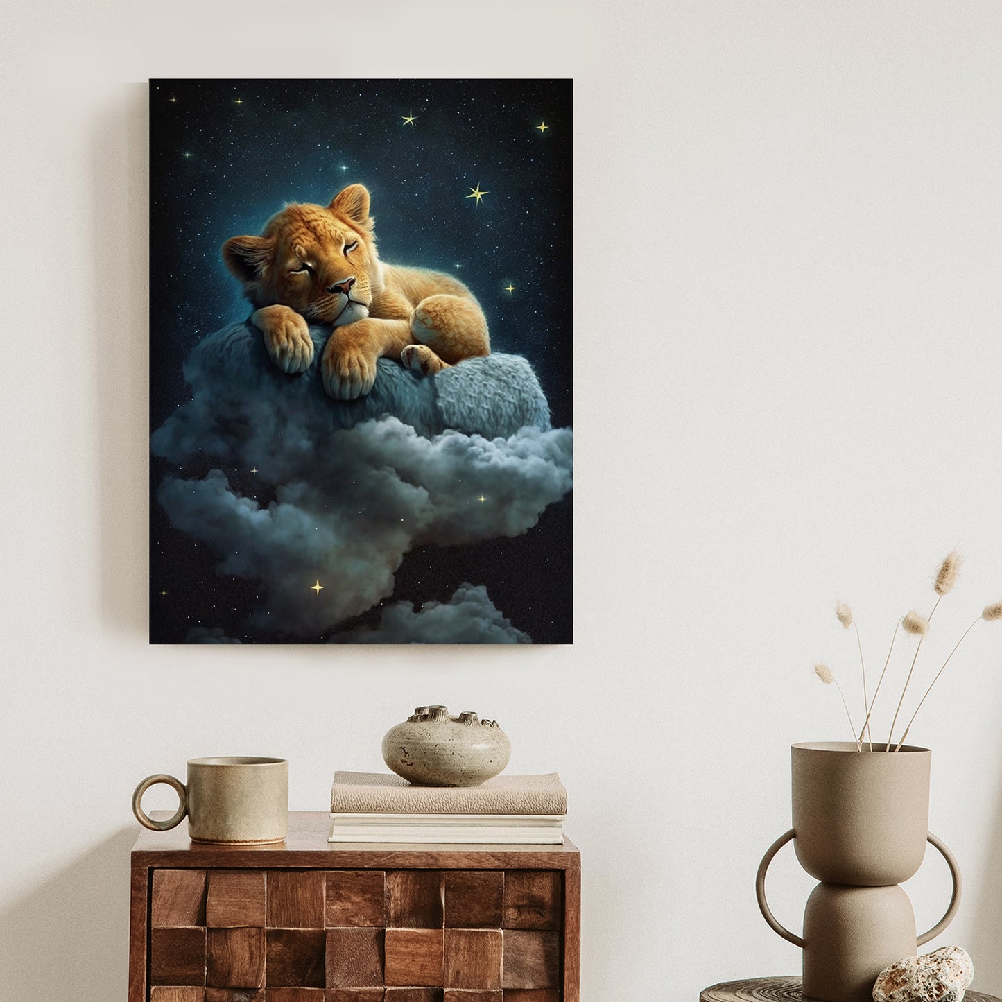 Poster Ein Löwe Schläft Auf Einer Wolke Rahmen Holz Mit Passepartout Farbe Natürlich