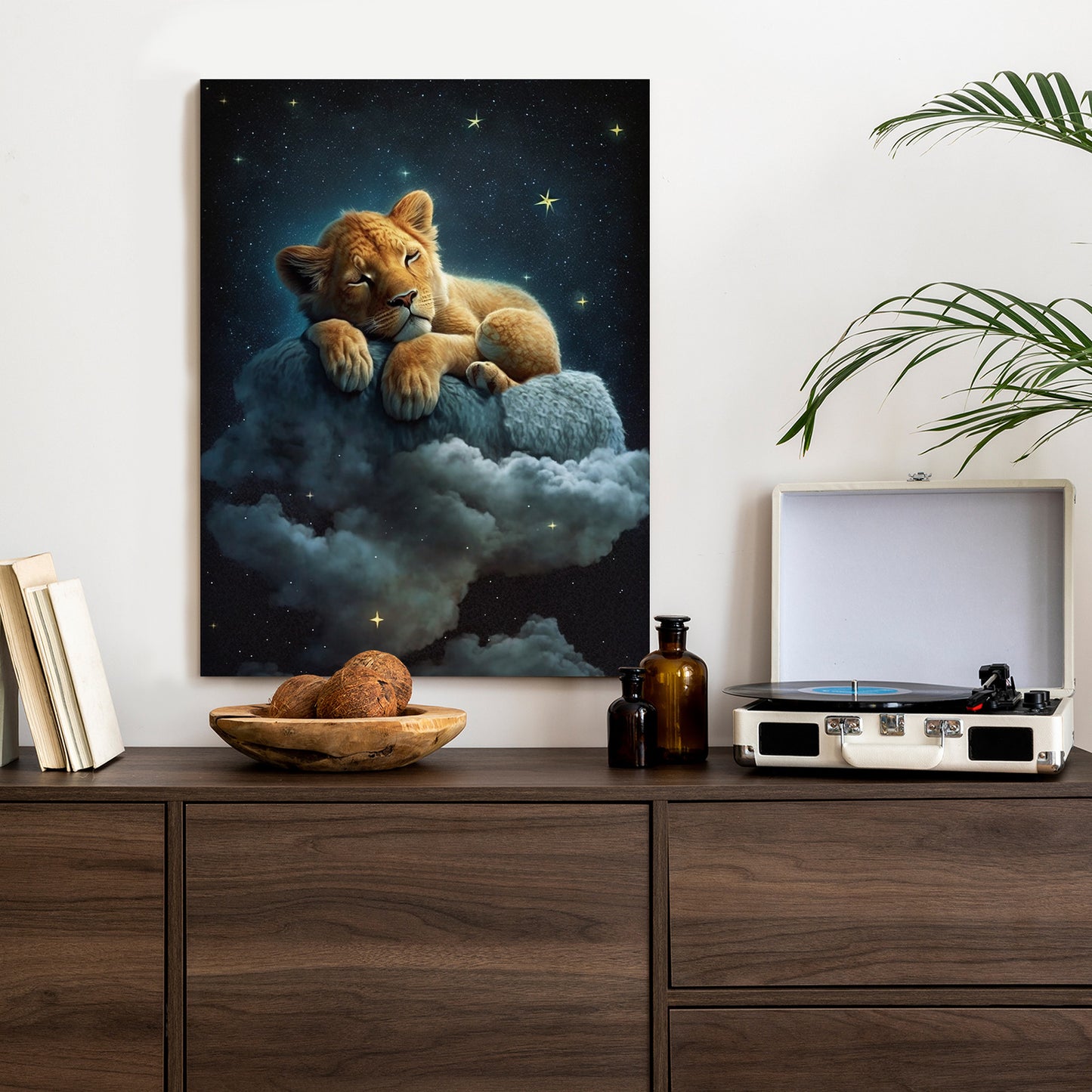 Poster Ein Löwe Schläft Auf Einer Wolke Rahmen Holz Mit Passepartout Farbe Natürlich