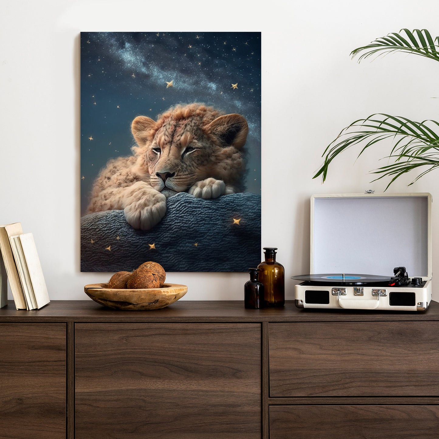 Poster Schlafender Löwe Und Nachthimmel Rahmen Holz Mit Passepartout Farbe Natürlich