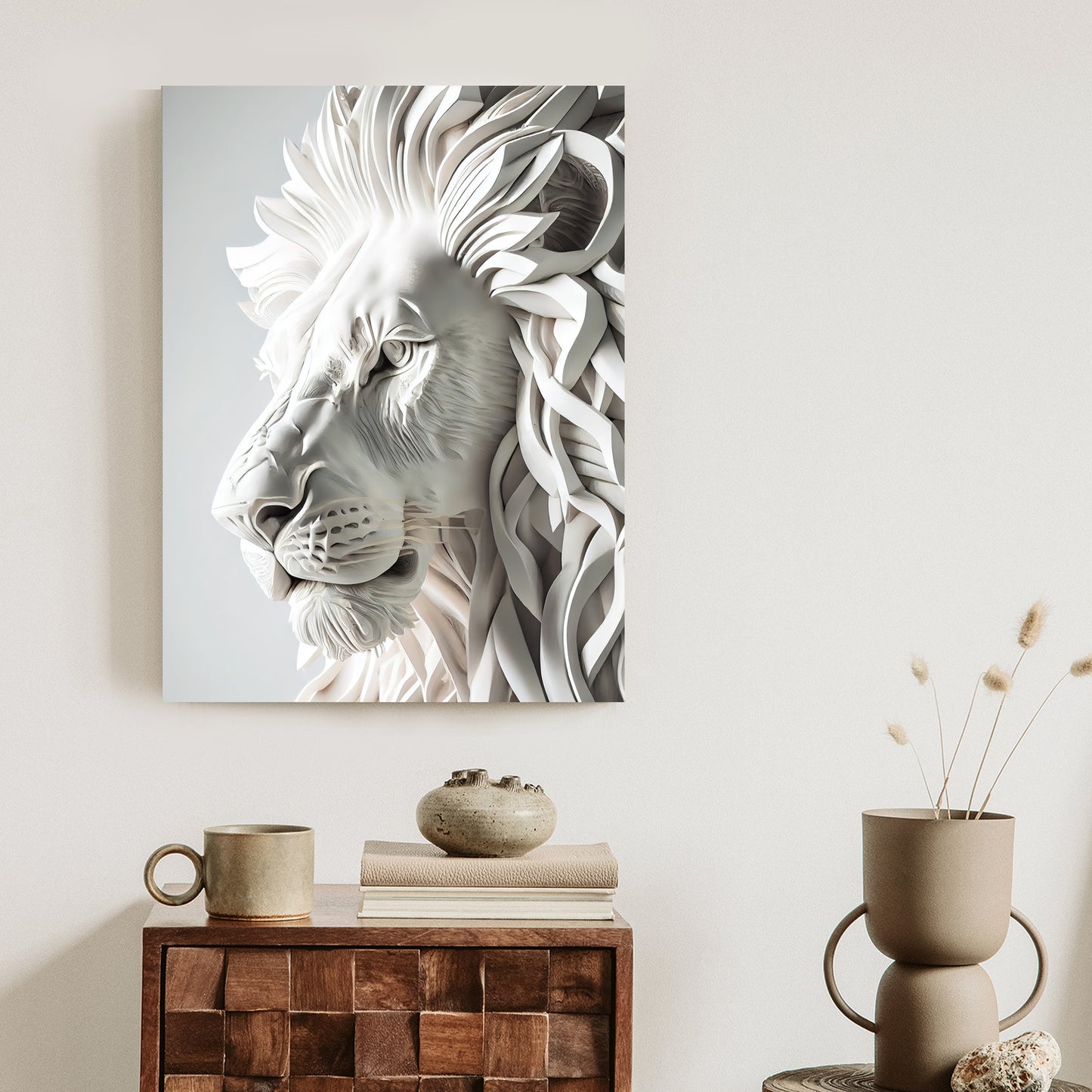 Poster Skulptur Eines Weißen Löwen Rahmen Holz Mit Passepartout Farbe Natürlich