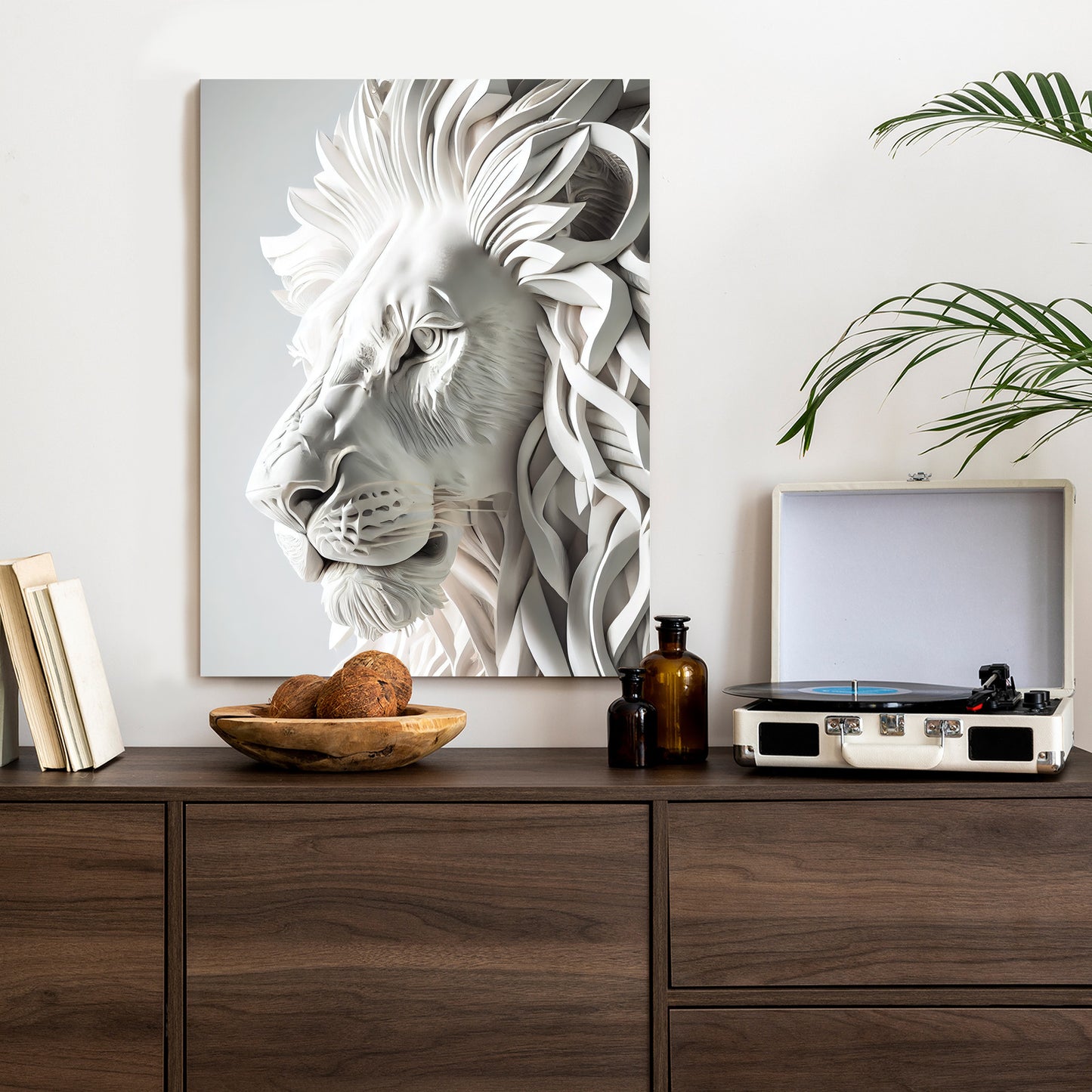 Poster Skulptur Eines Weißen Löwen Rahmen Holz Mit Passepartout Farbe Natürlich