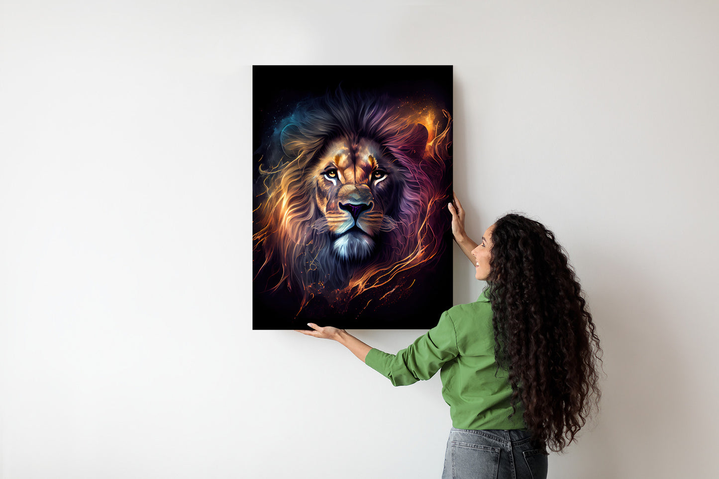 Poster Magisches Porträt Eines Löwen Rahmen Holz Mit Passepartout Farbe Natürlich