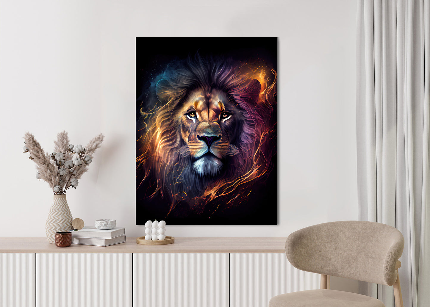 Poster Magisches Porträt Eines Löwen Rahmen Holz Mit Passepartout Farbe Natürlich