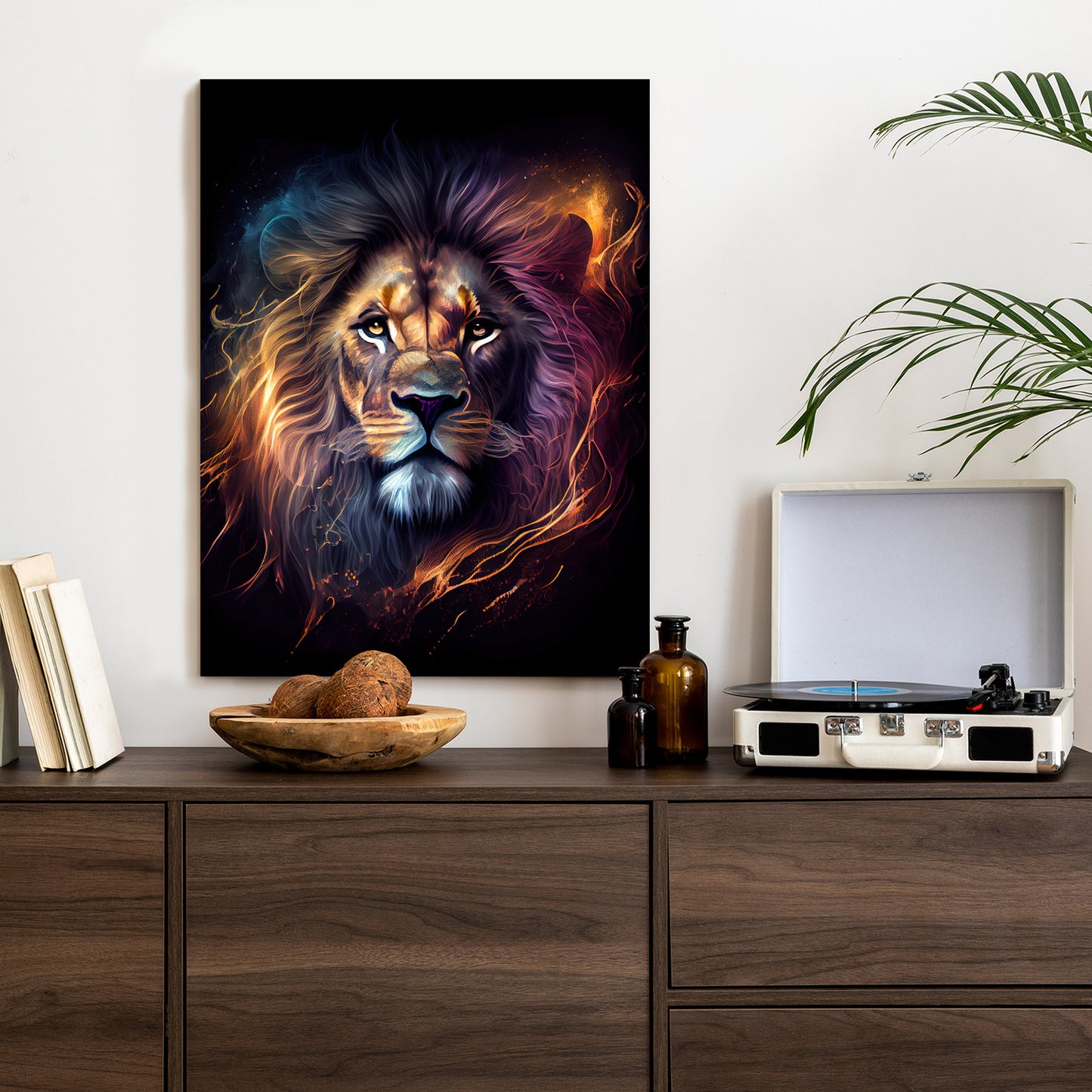 Poster Magisches Porträt Eines Löwen Rahmen Holz Mit Passepartout Farbe Natürlich