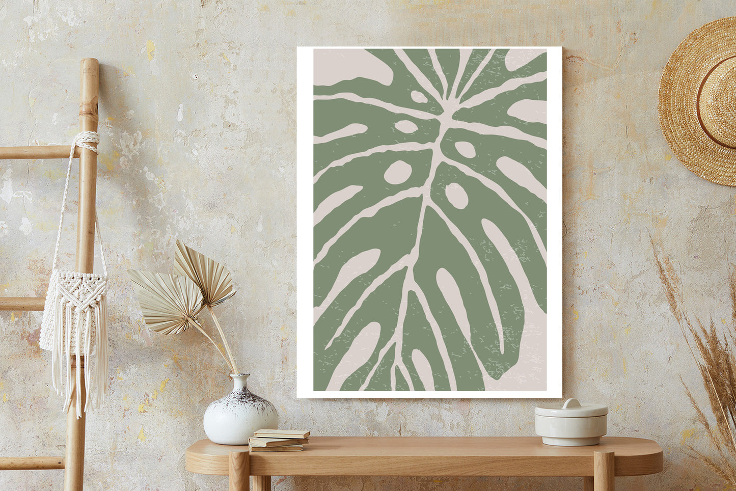 Poster Grünes Monstera-Blatt Rahmen Holz Mit Passepartout Farbe Natürlich