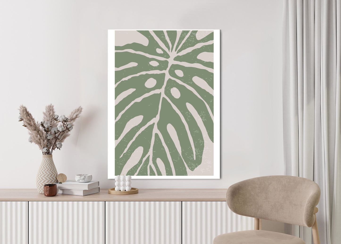 Poster Grünes Monstera-Blatt Rahmen Holz Mit Passepartout Farbe Natürlich