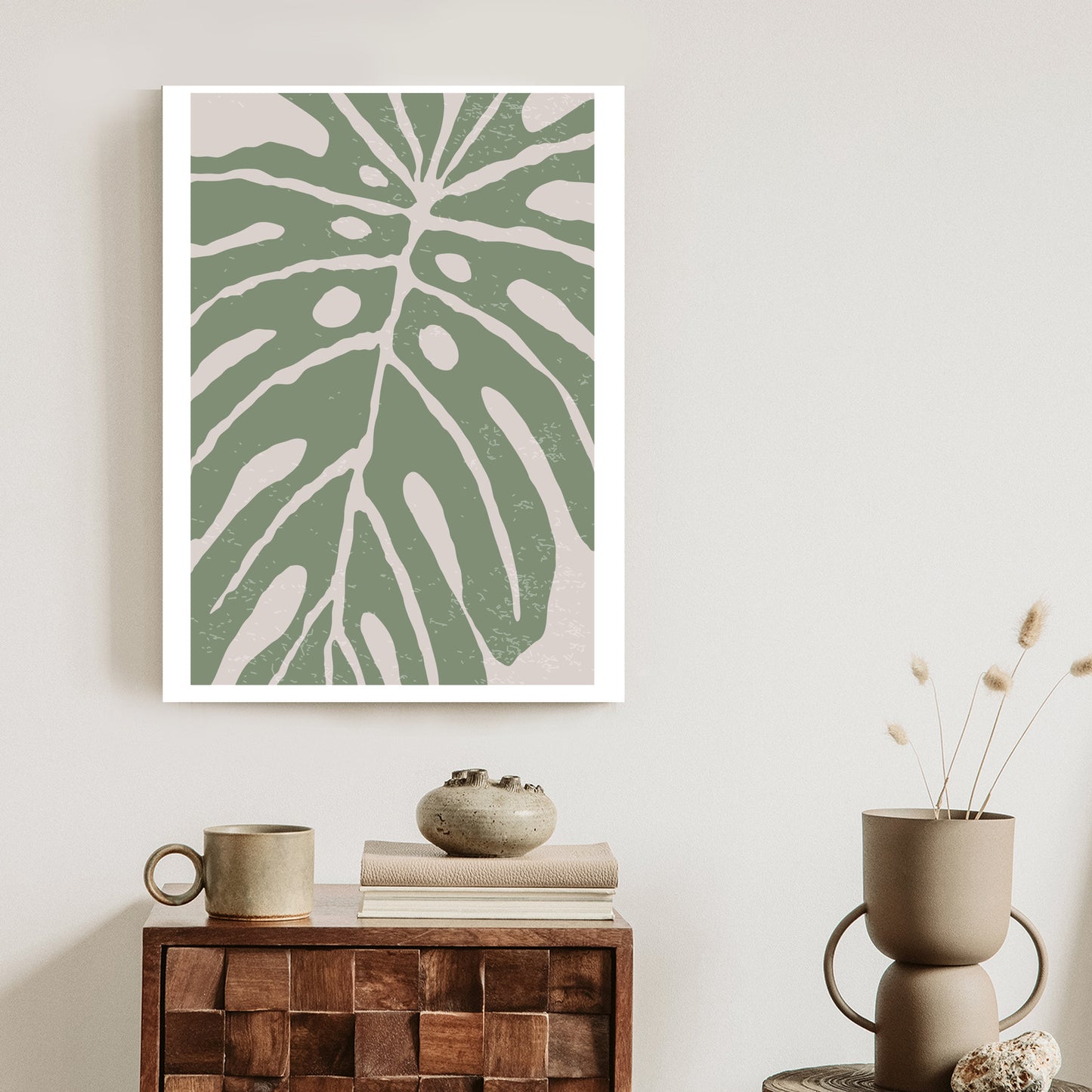 Poster Grünes Monstera-Blatt Rahmen Holz Mit Passepartout Farbe Natürlich