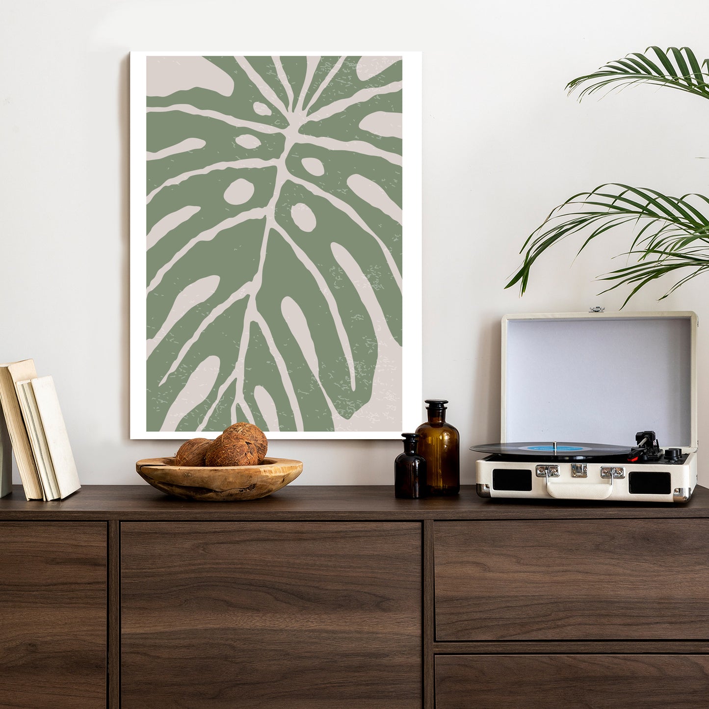 Poster Grünes Monstera-Blatt Rahmen Holz Mit Passepartout Farbe Natürlich