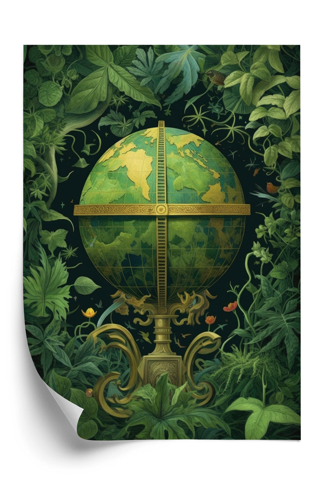 Poster Globus Mit Grünen Blättern Als Symbol Der Natur Rahmen Hölzern Farbe Weiß