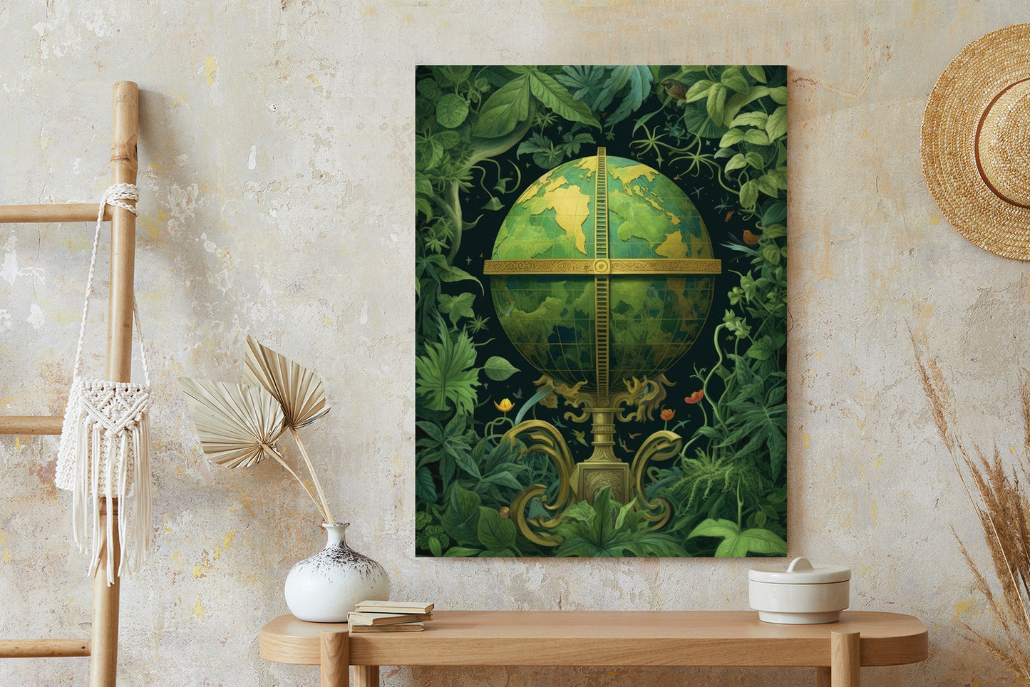 Poster Globus Mit Grünen Blättern Als Symbol Der Natur Rahmen Hölzern Farbe Weiß